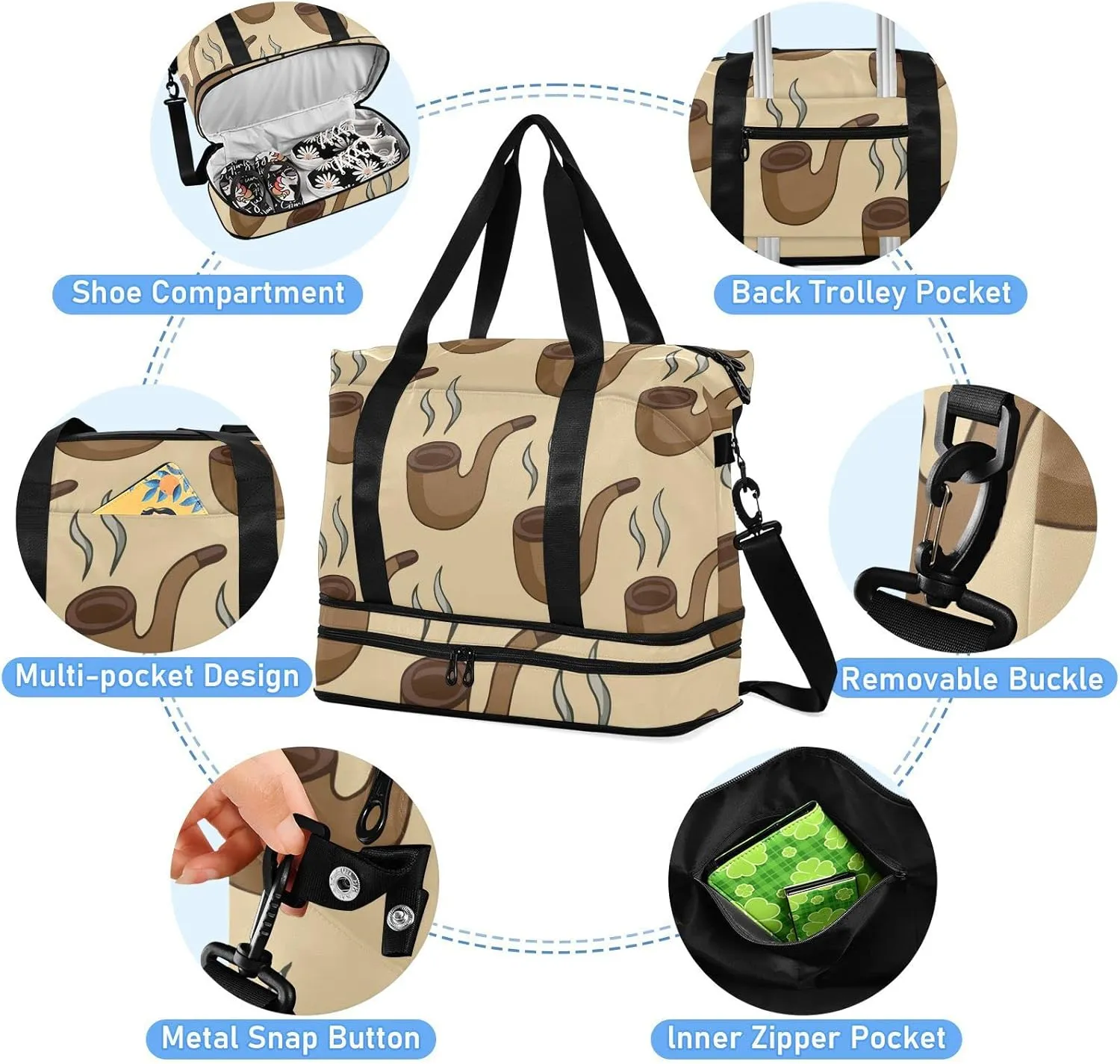 Seamless Smoke Pipes with Smoke Gym Duffel Bag, Polyester Travel Weekender Luggage Handbag with Waterproof Pocket for Wet Items, Unisex Foldable Tote for Sports