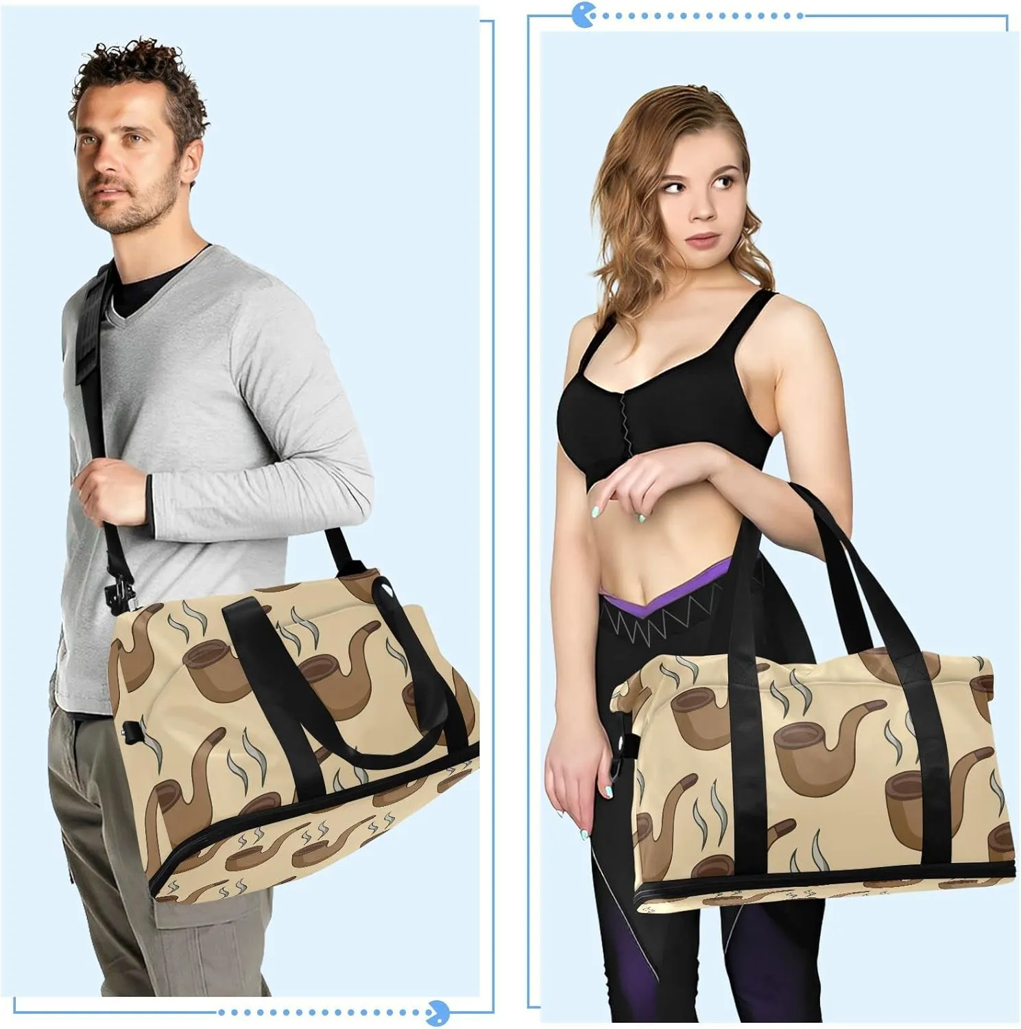 Seamless Smoke Pipes with Smoke Gym Duffel Bag, Polyester Travel Weekender Luggage Handbag with Waterproof Pocket for Wet Items, Unisex Foldable Tote for Sports