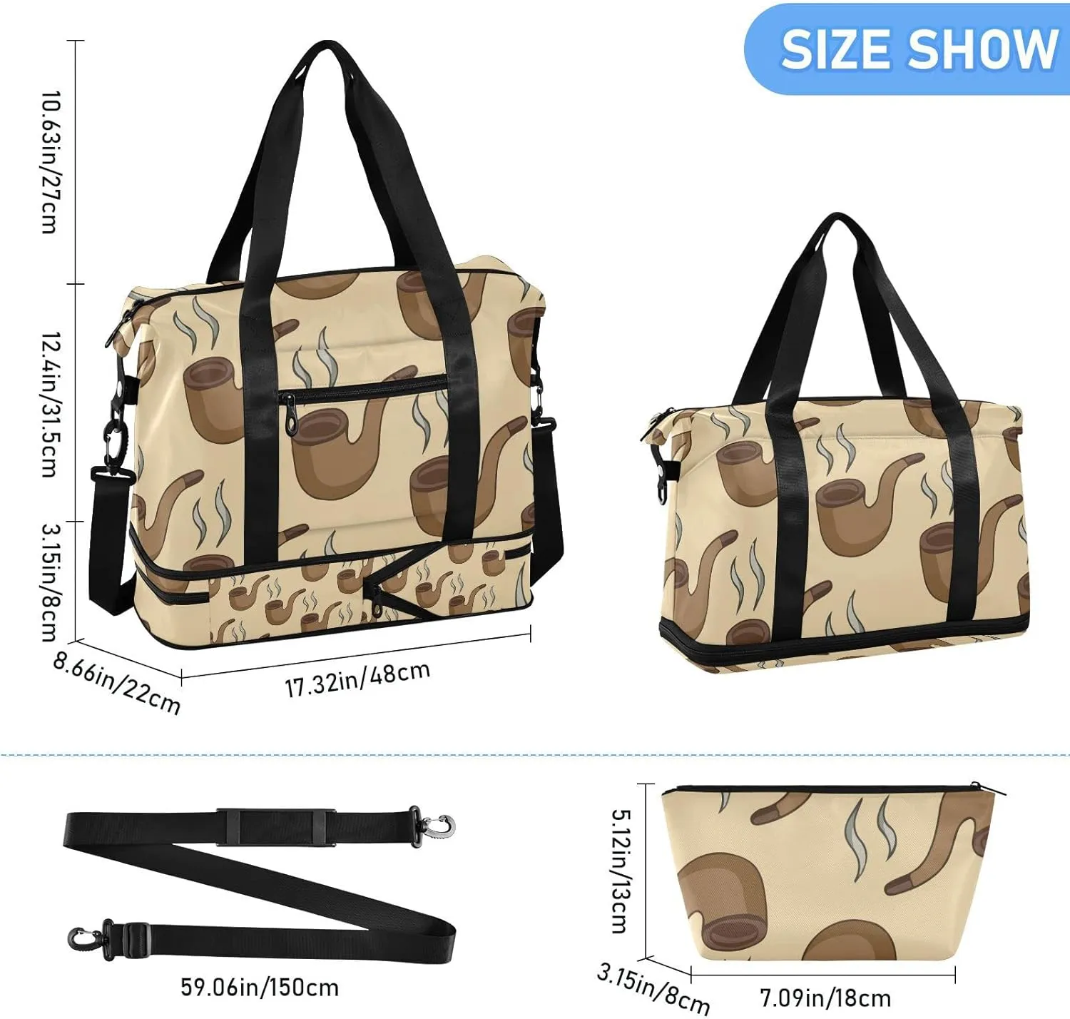 Seamless Smoke Pipes with Smoke Gym Duffel Bag, Polyester Travel Weekender Luggage Handbag with Waterproof Pocket for Wet Items, Unisex Foldable Tote for Sports
