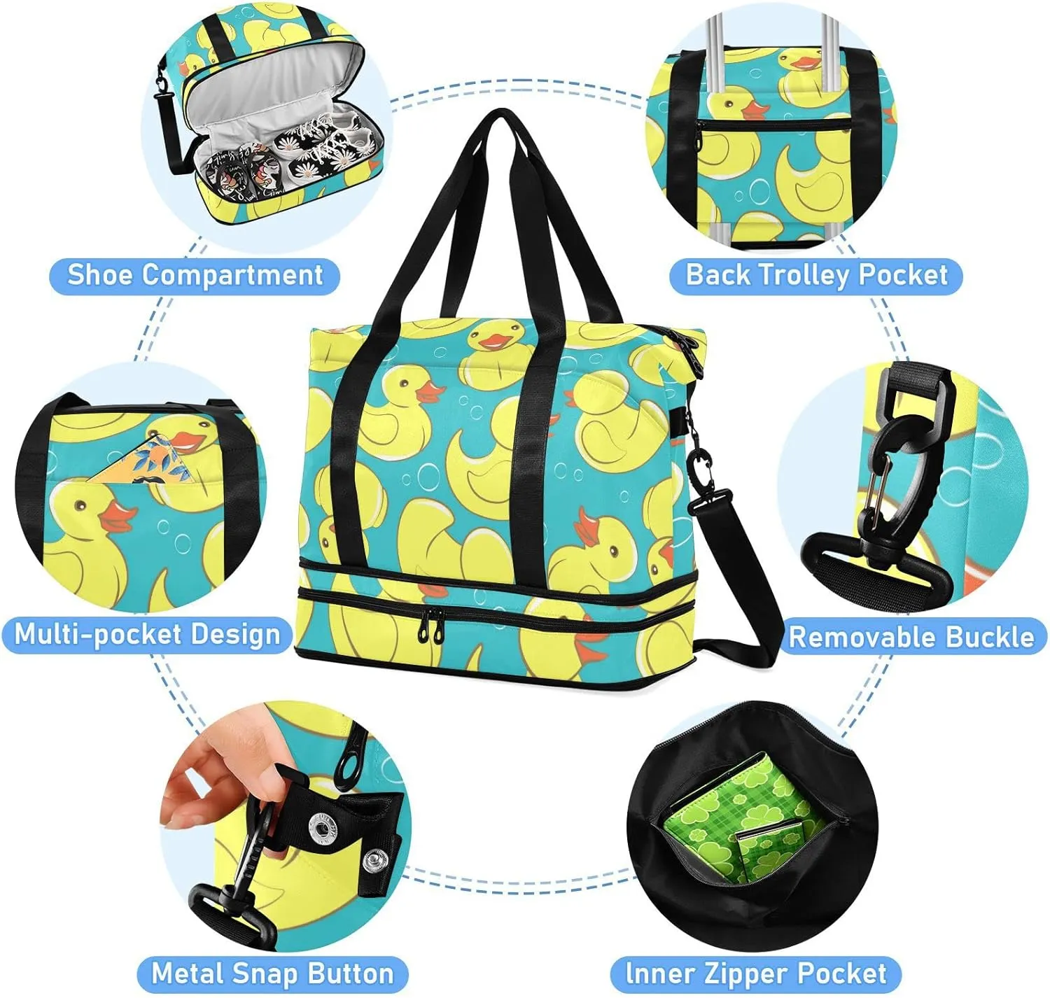 Seamless Yellow Cute Rubber Ducks and Bubbles on Turquoise Gym Duffel Bag, Polyester Travel Weekender Luggage Handbag with Waterproof Pocket for Wet Items, Unisex Foldable Tote for Sports