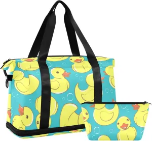 Seamless Yellow Cute Rubber Ducks and Bubbles on Turquoise Gym Duffel Bag, Polyester Travel Weekender Luggage Handbag with Waterproof Pocket for Wet Items, Unisex Foldable Tote for Sports