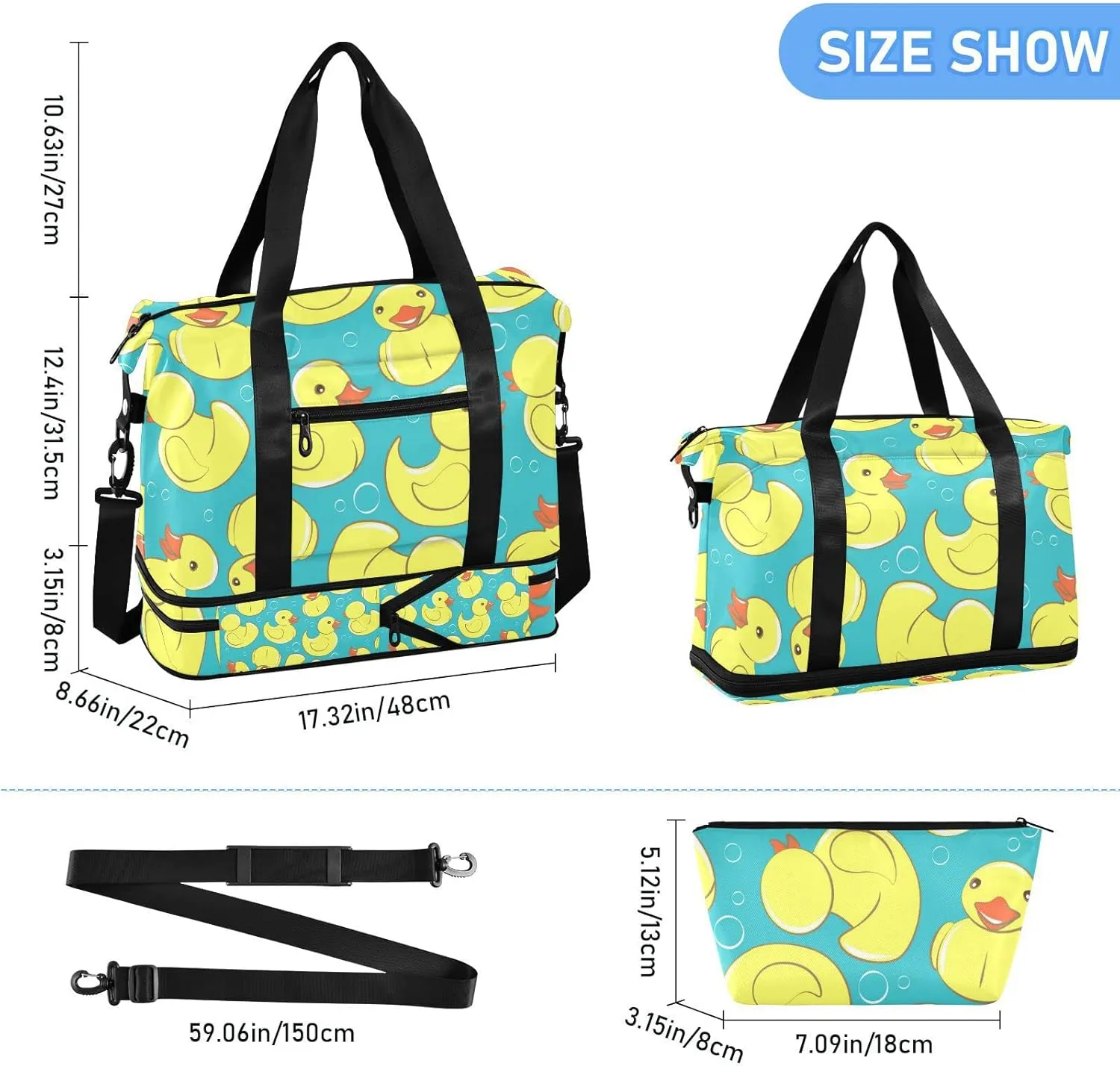 Seamless Yellow Cute Rubber Ducks and Bubbles on Turquoise Gym Duffel Bag, Polyester Travel Weekender Luggage Handbag with Waterproof Pocket for Wet Items, Unisex Foldable Tote for Sports
