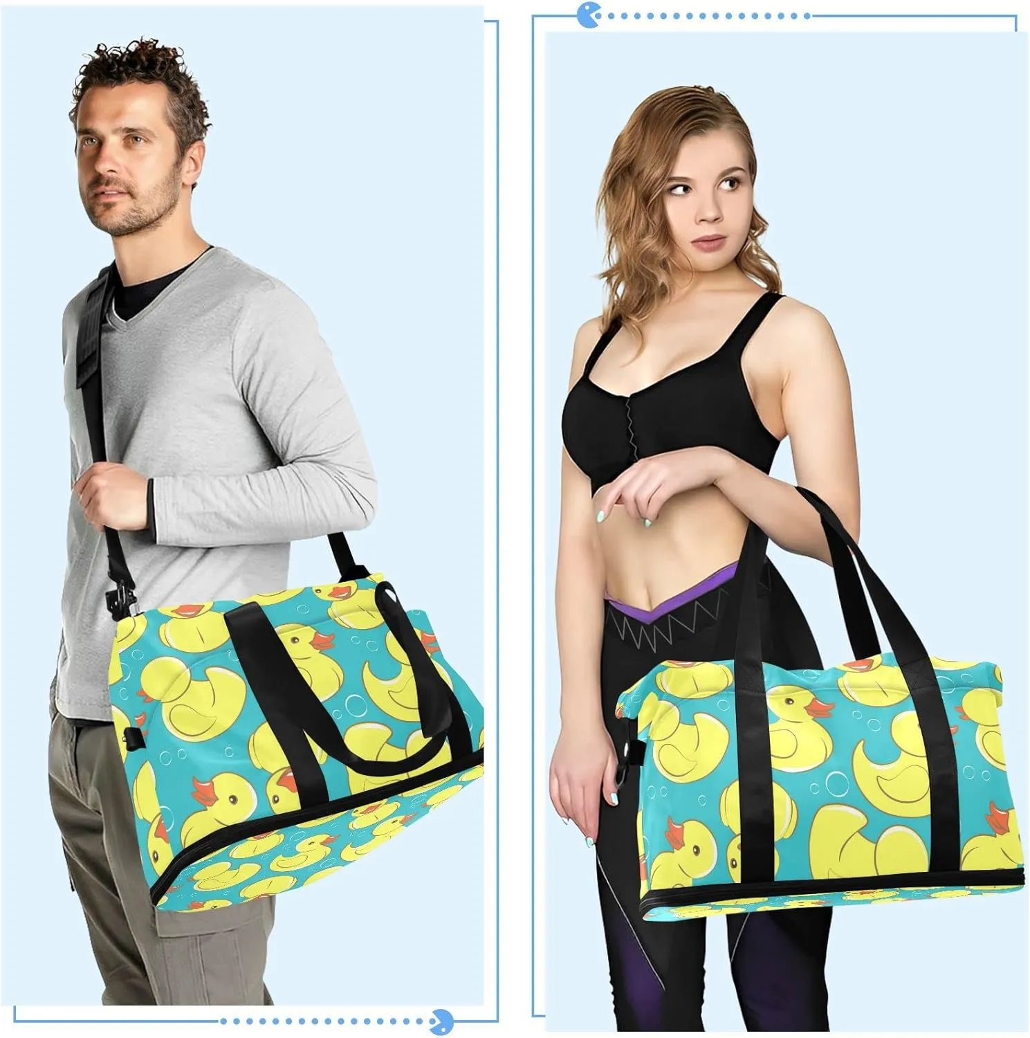 Seamless Yellow Cute Rubber Ducks and Bubbles on Turquoise Gym Duffel Bag, Polyester Travel Weekender Luggage Handbag with Waterproof Pocket for Wet Items, Unisex Foldable Tote for Sports