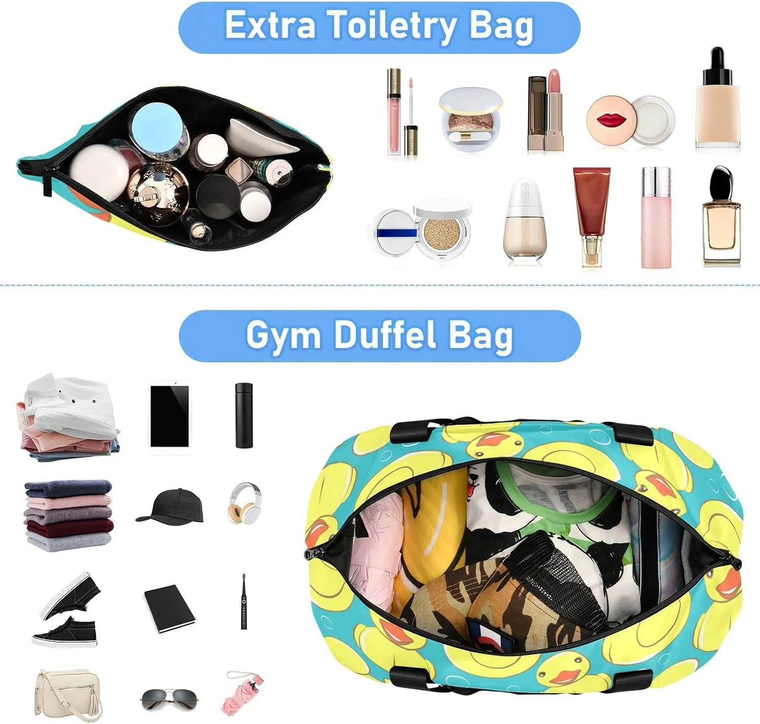 Seamless Yellow Cute Rubber Ducks and Bubbles on Turquoise Gym Duffel Bag, Polyester Travel Weekender Luggage Handbag with Waterproof Pocket for Wet Items, Unisex Foldable Tote for Sports