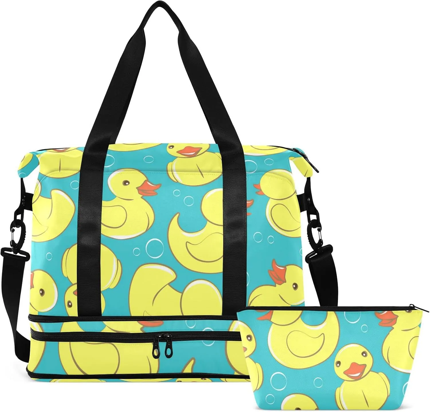 Seamless Yellow Cute Rubber Ducks and Bubbles on Turquoise Gym Duffel Bag, Polyester Travel Weekender Luggage Handbag with Waterproof Pocket for Wet Items, Unisex Foldable Tote for Sports