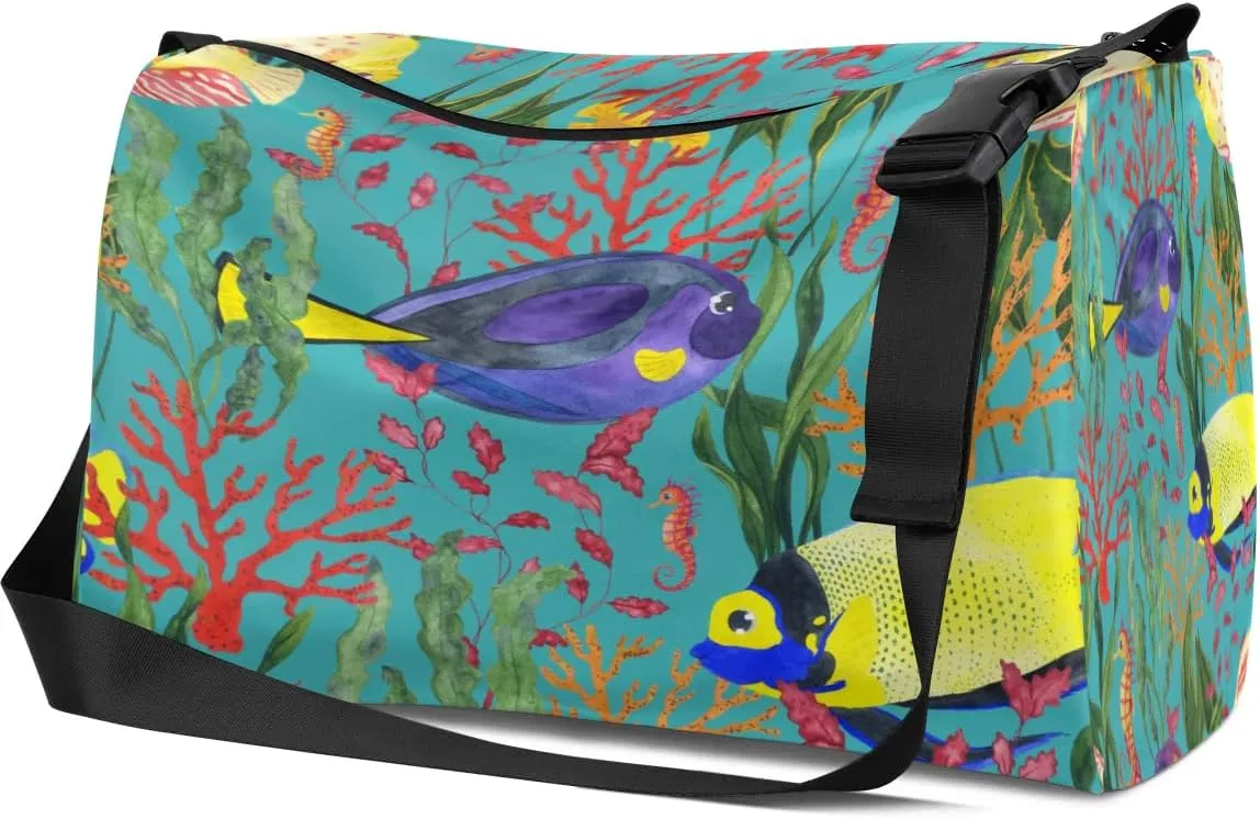 Seaweed Fish Seahorse Small Gym Bag for Men Women Workout Sport Duffle Bag Waterproof Weekender Overnight Bag Lightweight Carry on Tote Bag Crossbody Shoulder Travel Bag for Swim Yoge Dance