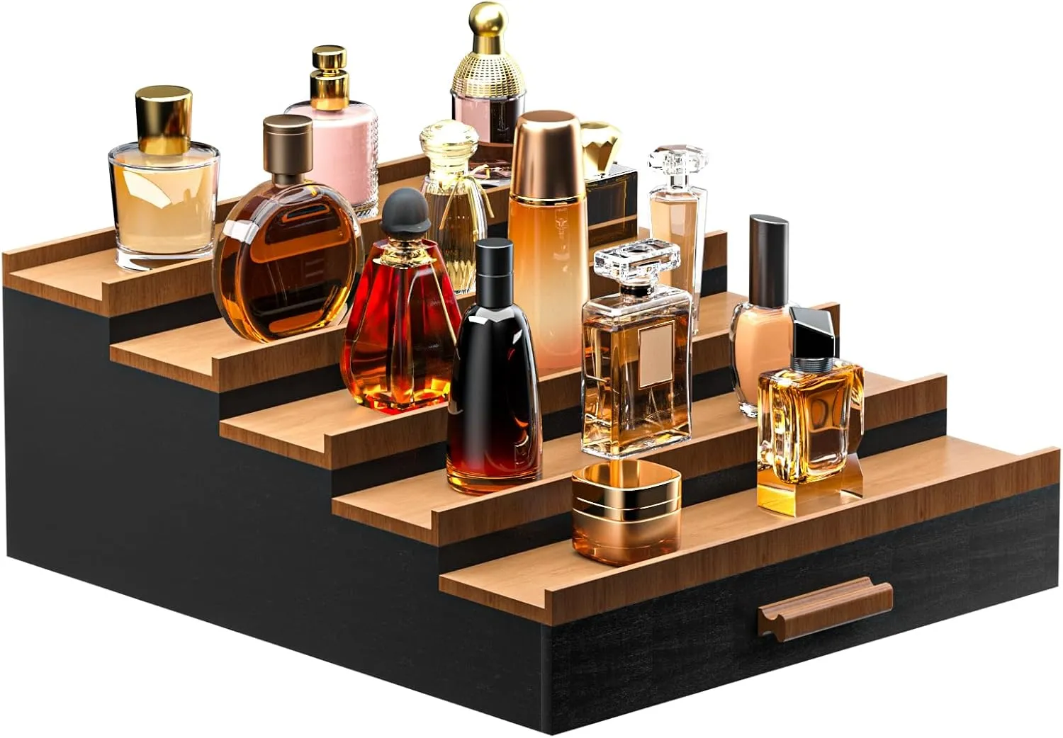 Sephyroth Cologne Organizer 5 Tier of Elegant Bamboo Perfume Organizer for Men with Hidden Storage and Practical Drawer, Perfect for Cologne Display & Gift (5T-BlackWalnut)