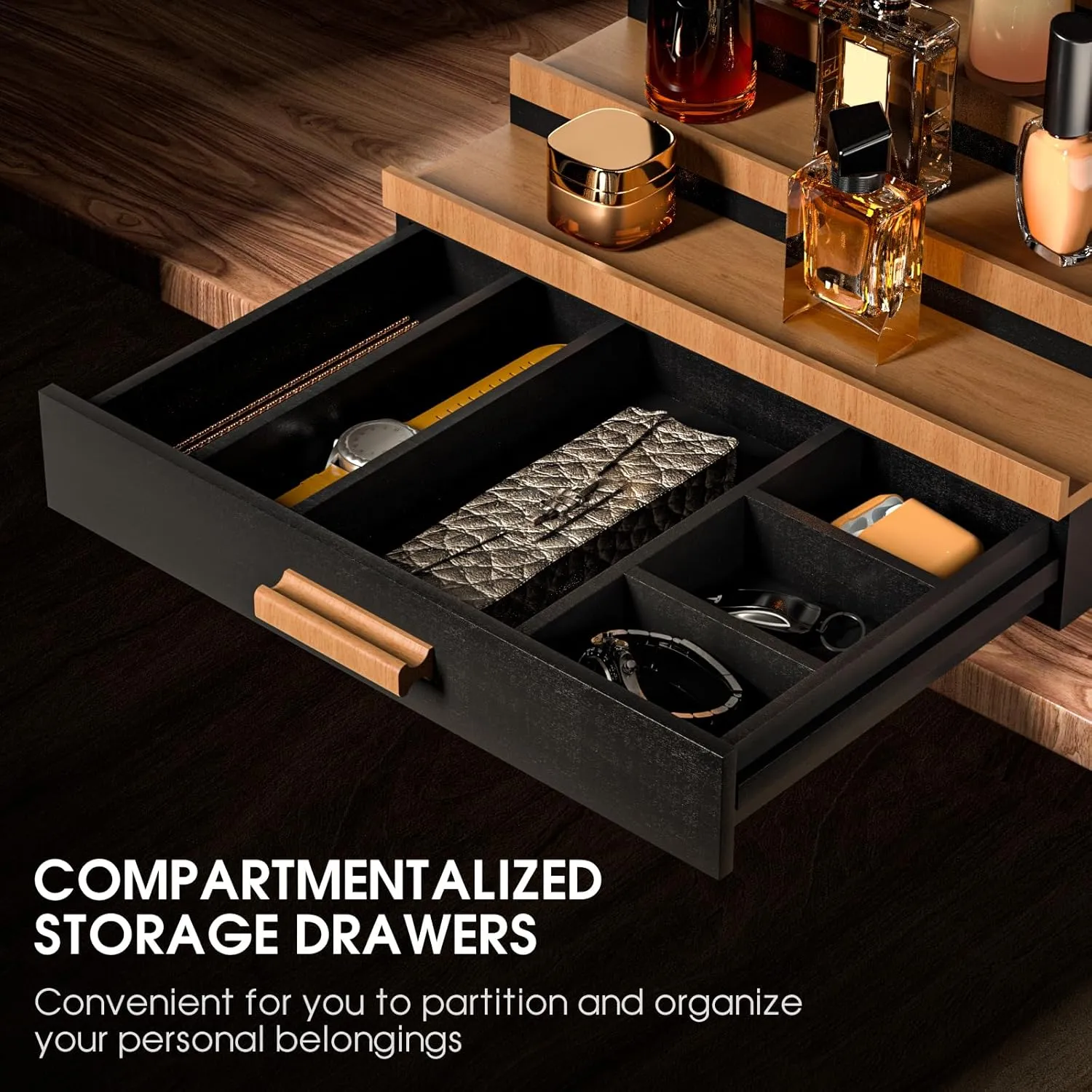 Sephyroth Cologne Organizer 5 Tier of Elegant Bamboo Perfume Organizer for Men with Hidden Storage and Practical Drawer, Perfect for Cologne Display & Gift (5T-BlackWalnut)