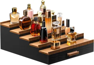 Sephyroth Cologne Organizer 5 Tier of Elegant Bamboo Perfume Organizer for Men with Hidden Storage and Practical Drawer, Perfect for Cologne Display & Gift (5T-BlackWalnut)