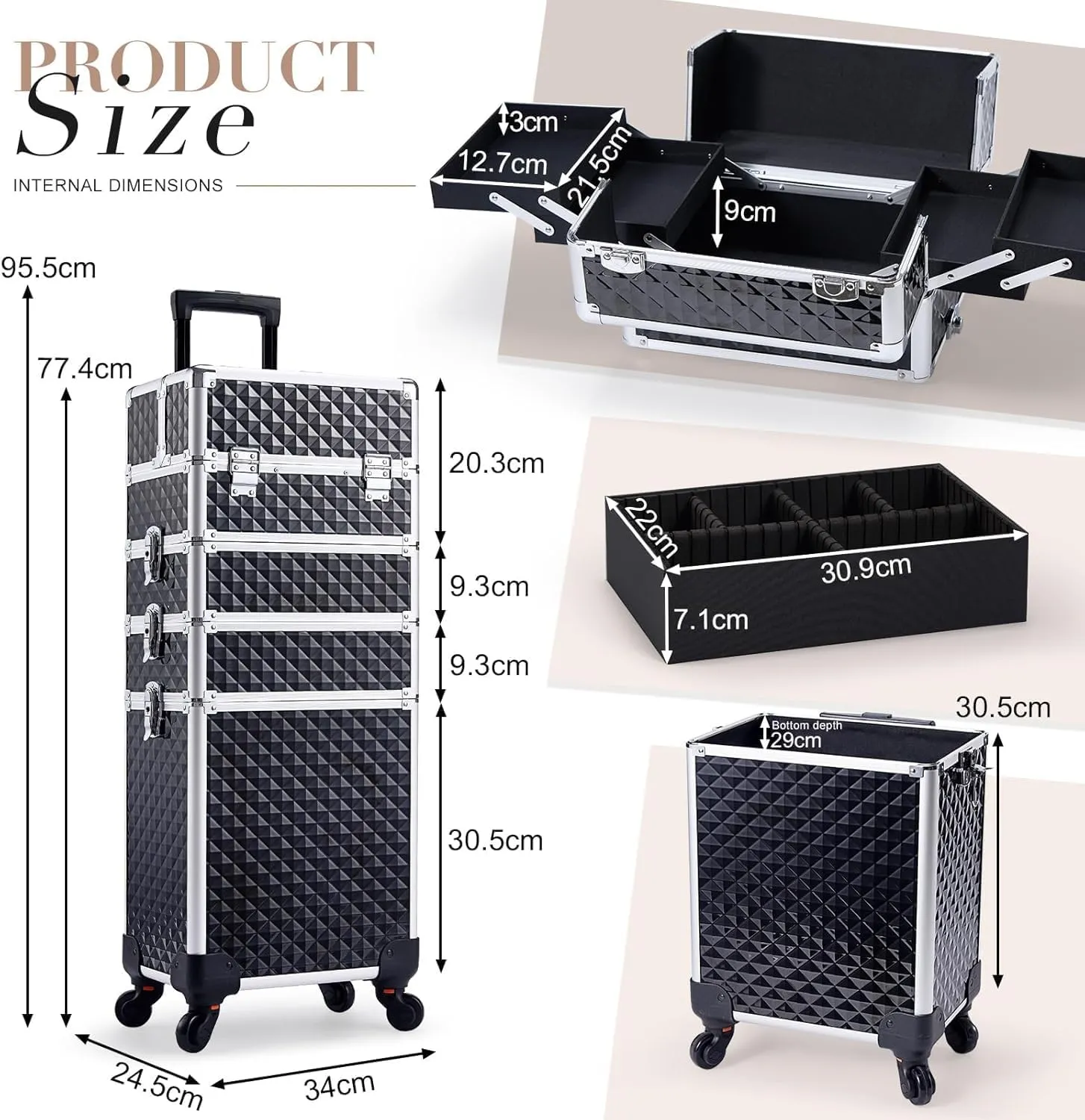 SHAMAX® Rolling Makeup Train Case,Large Storage Cosmetic Trolley Case,4 in 1 Large Capacity Trolley Makeup Travel Case with Key, Black & Sliver, L, Black Silver