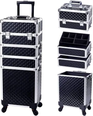 SHAMAX® Rolling Makeup Train Case,Large Storage Cosmetic Trolley Case,4 in 1 Large Capacity Trolley Makeup Travel Case with Key, Black & Sliver, L, Black Silver