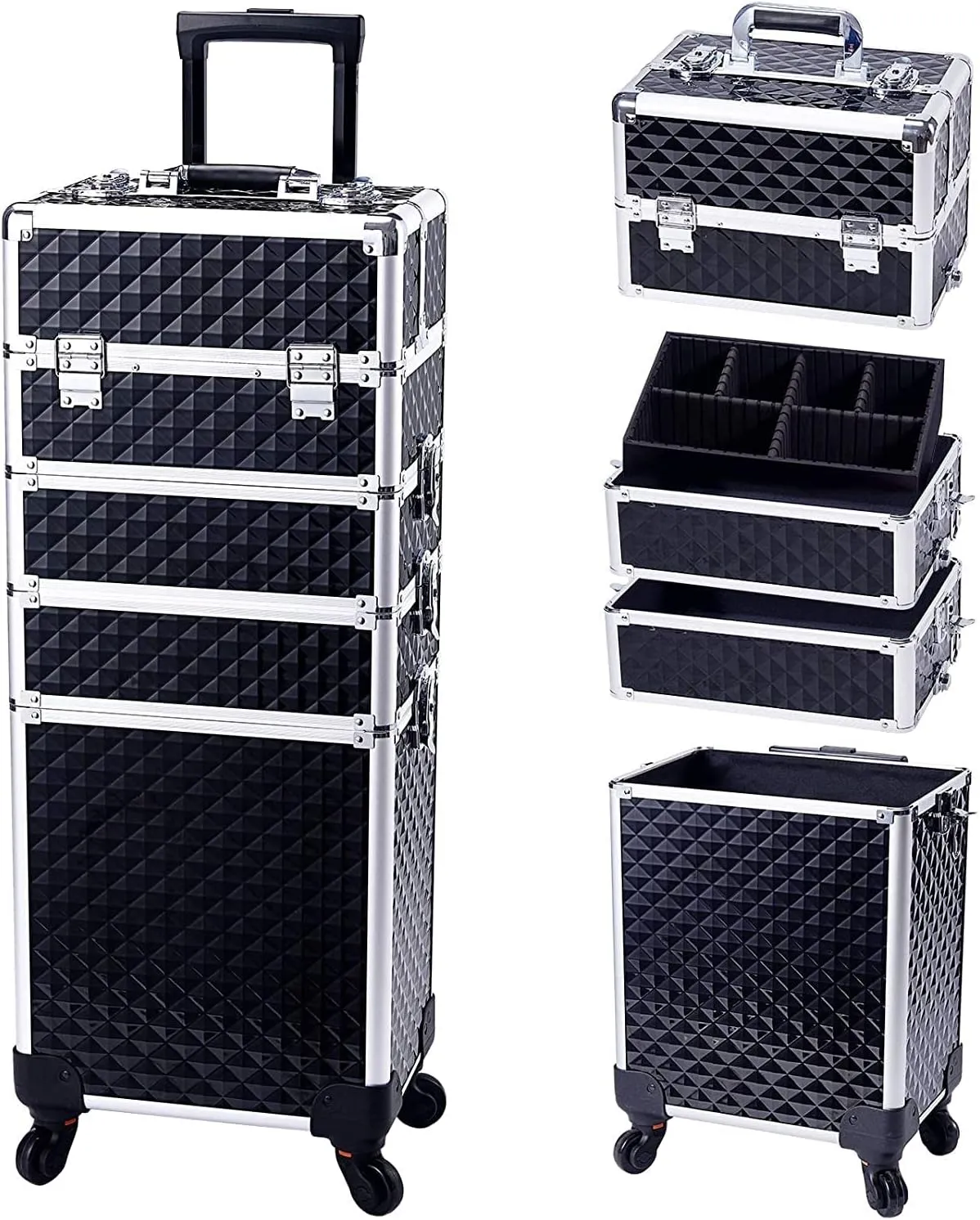 SHAMAX® Rolling Makeup Train Case,Large Storage Cosmetic Trolley Case,4 in 1 Large Capacity Trolley Makeup Travel Case with Key, Black & Sliver, L, Black Silver
