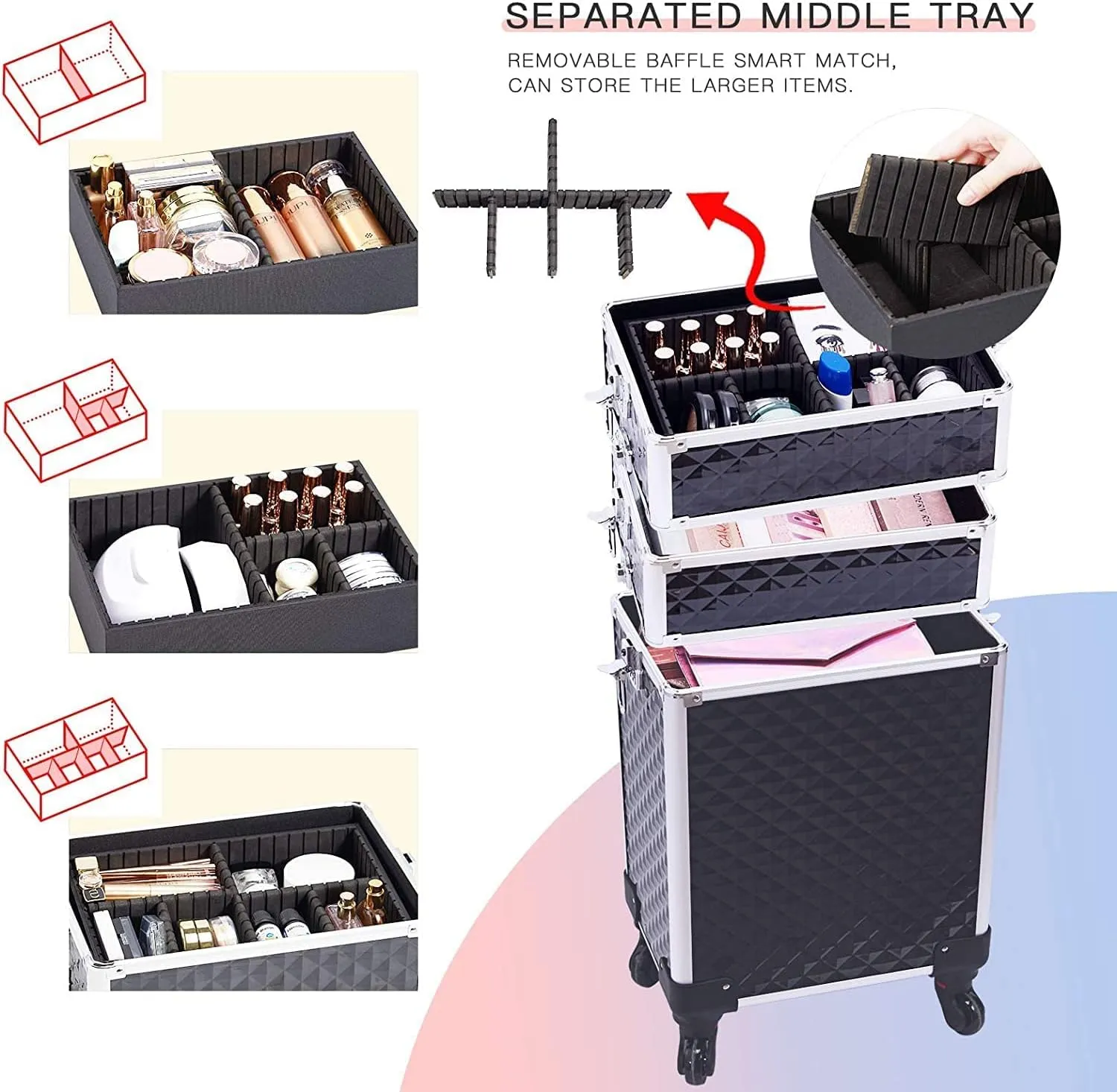 SHAMAX® Rolling Makeup Train Case,Large Storage Cosmetic Trolley Case,4 in 1 Large Capacity Trolley Makeup Travel Case with Key, Black & Sliver, L, Black Silver