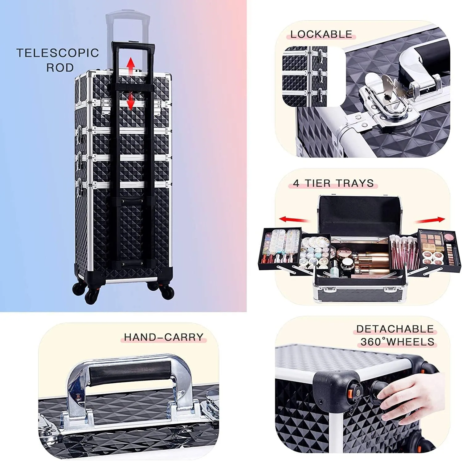 SHAMAX® Rolling Makeup Train Case,Large Storage Cosmetic Trolley Case,4 in 1 Large Capacity Trolley Makeup Travel Case with Key, Black & Sliver, L, Black Silver