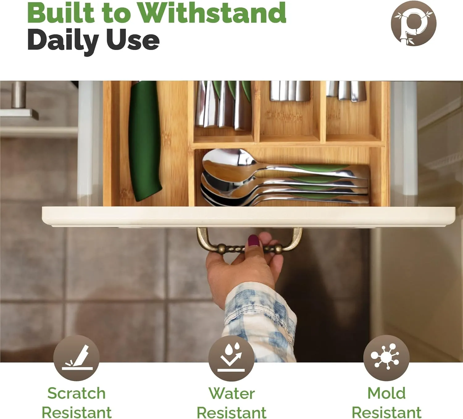 Silverware Organizer - Small Extra-Deep Wooden Kitchen Drawer Organizer Divider for Spoons, Forks, Knives & Cutleries - 5 Slots