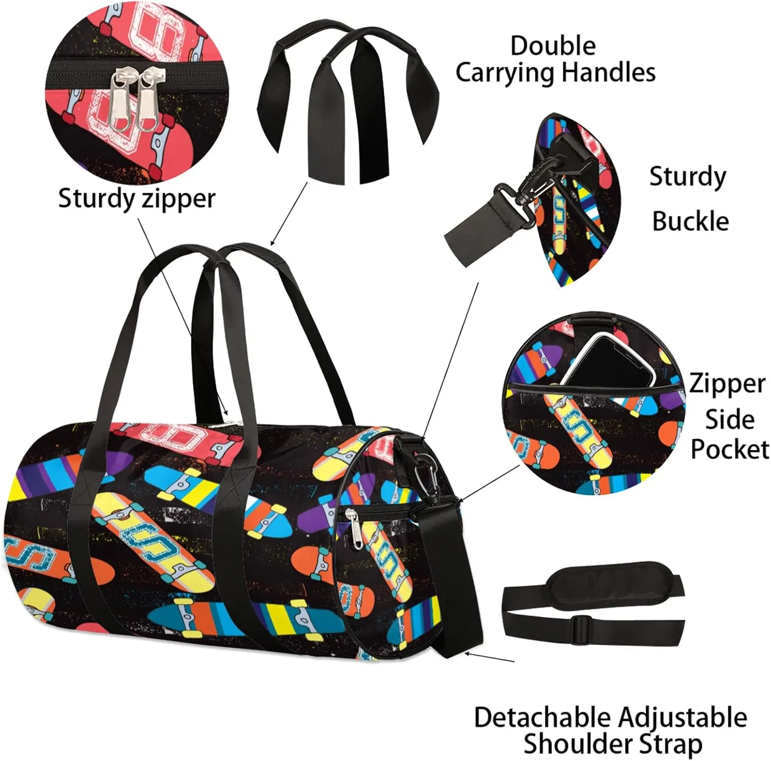 Skateboard Sport Sports Gym Bag for Men Women Lightweight Travel Duffle Bag with Shoulder Strap Waterproof Carry On Weekender Overnight Bag for Travel Sports Gym