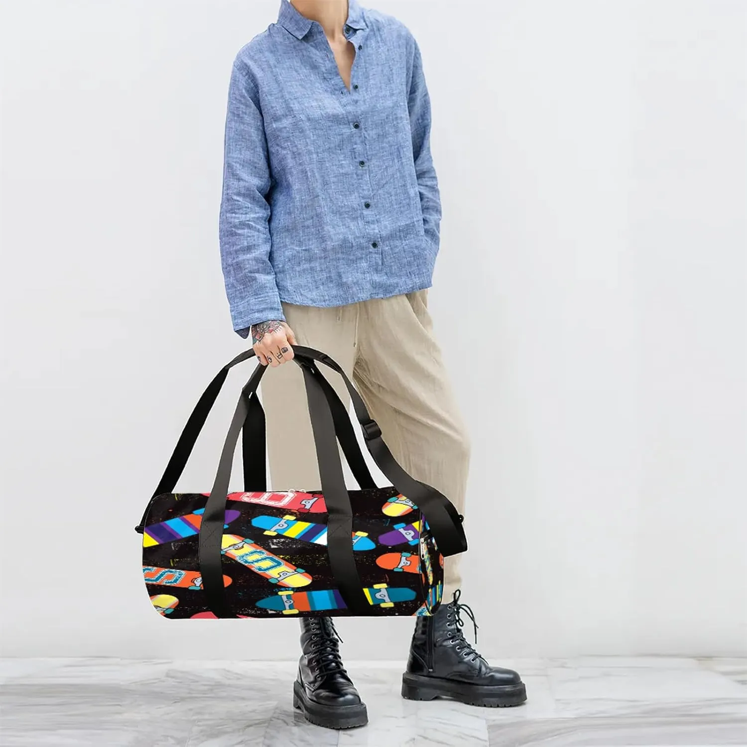Skateboard Sport Sports Gym Bag for Men Women Lightweight Travel Duffle Bag with Shoulder Strap Waterproof Carry On Weekender Overnight Bag for Travel Sports Gym