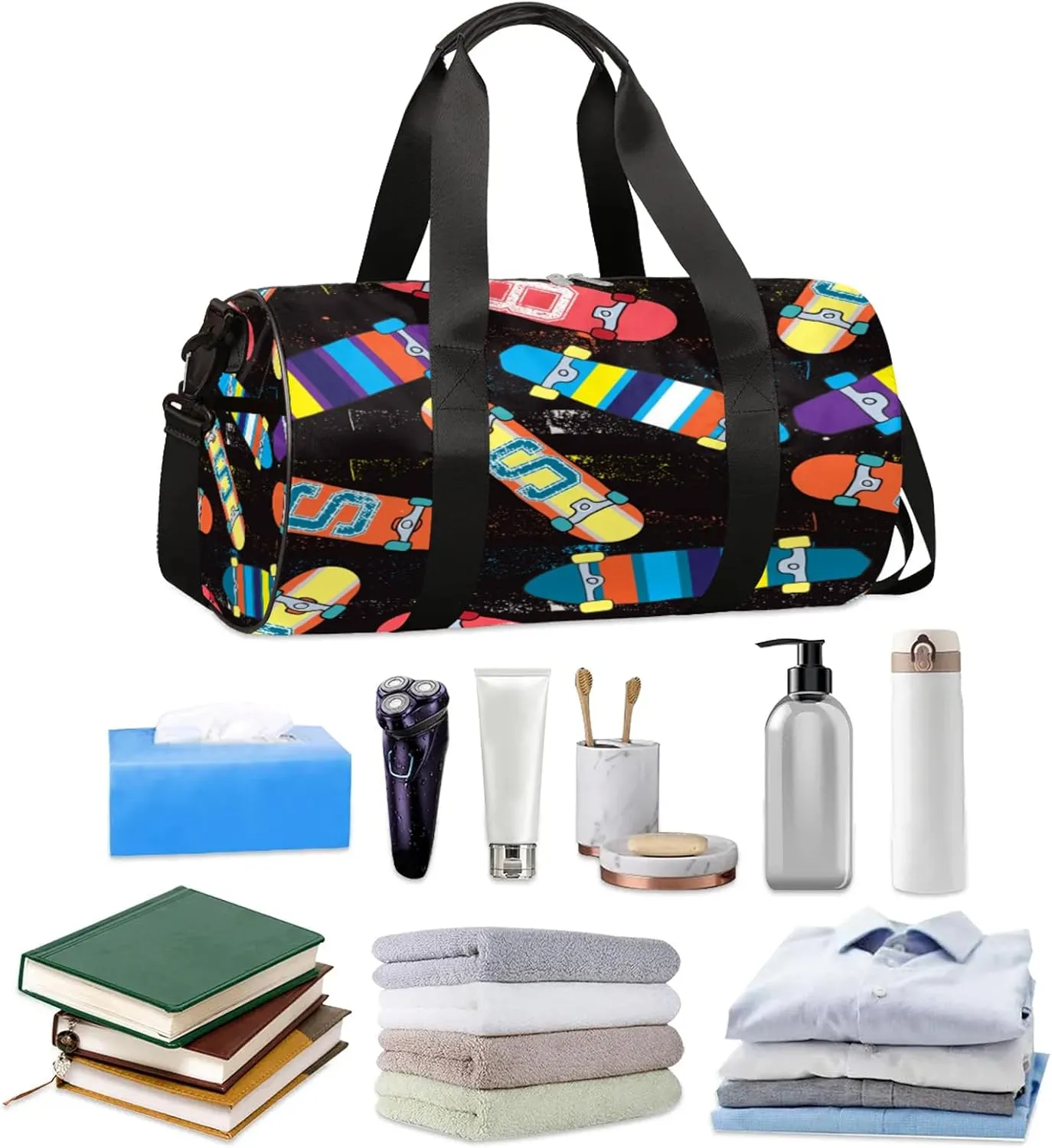 Skateboard Sport Sports Gym Bag for Men Women Lightweight Travel Duffle Bag with Shoulder Strap Waterproof Carry On Weekender Overnight Bag for Travel Sports Gym
