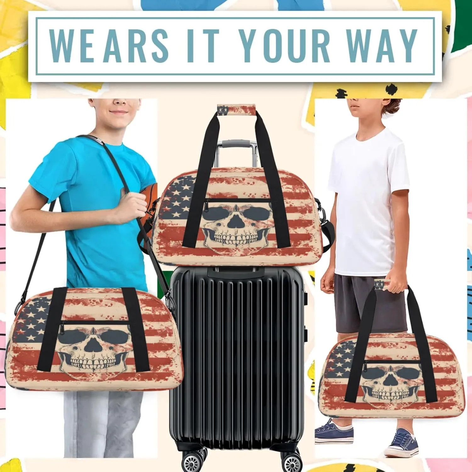 Skeleton Skull American Flag Small Gym Bag 18 inch Carry On Duffel Bag for Weekender Travel Sports Workout Yoga Gymnastics Dance Ballet