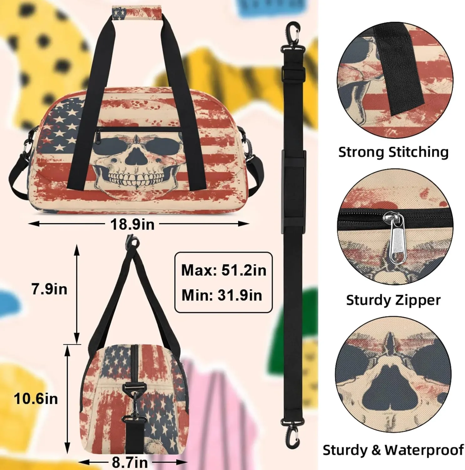Skeleton Skull American Flag Small Gym Bag 18 inch Carry On Duffel Bag for Weekender Travel Sports Workout Yoga Gymnastics Dance Ballet