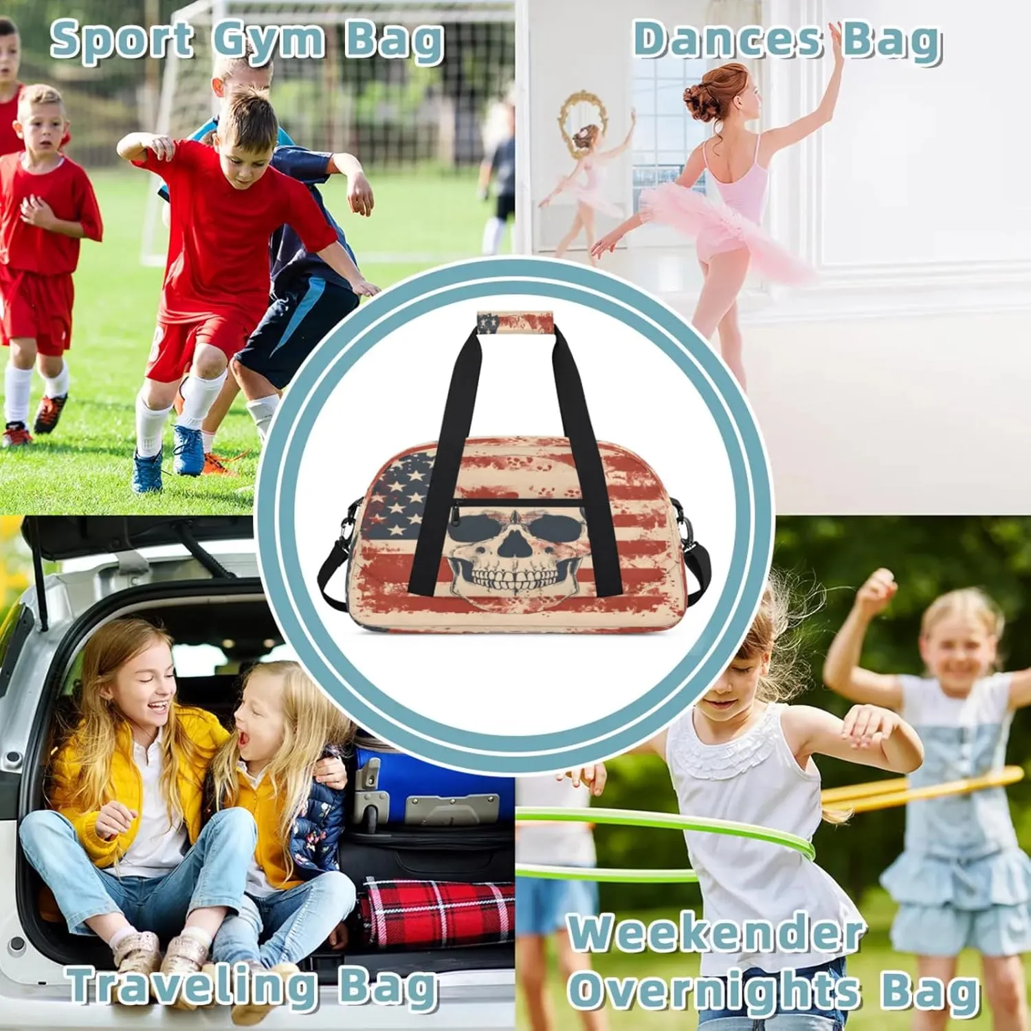 Skeleton Skull American Flag Small Gym Bag 18 inch Carry On Duffel Bag for Weekender Travel Sports Workout Yoga Gymnastics Dance Ballet