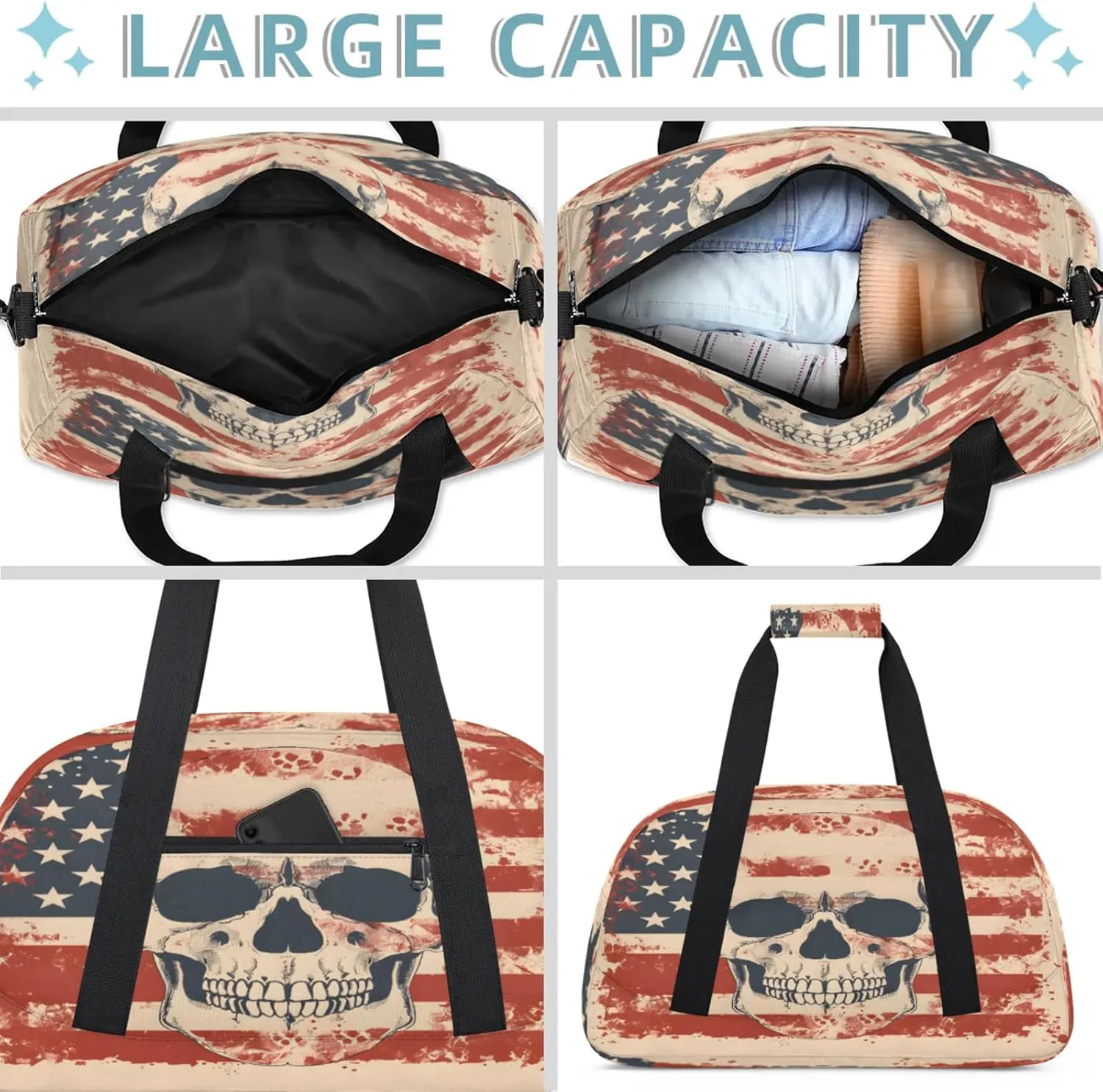 Skeleton Skull American Flag Small Gym Bag 18 inch Carry On Duffel Bag for Weekender Travel Sports Workout Yoga Gymnastics Dance Ballet