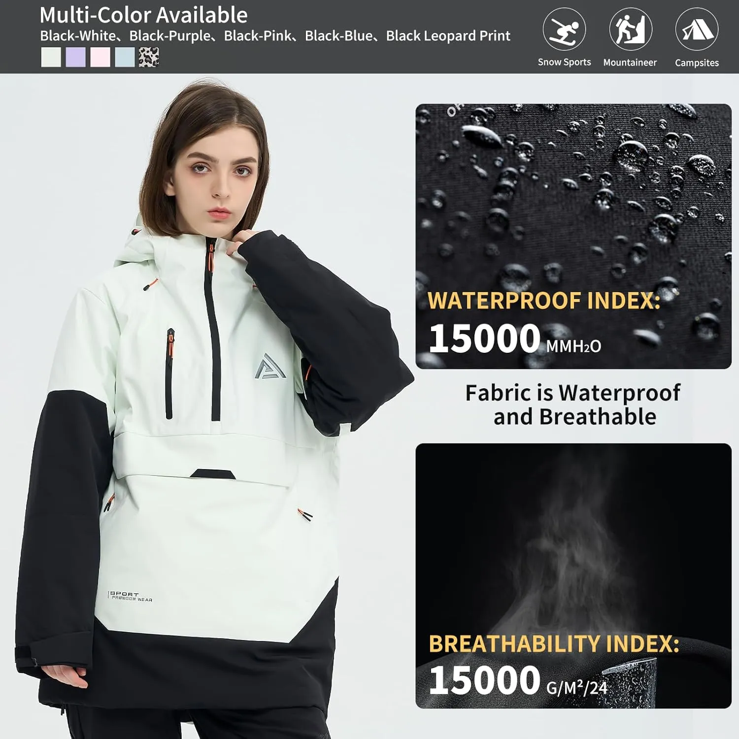 Ski Jacket Snowboard Anorak Coat Pullover Baggy Snow Hooded Insulated Hoodie Waterproof Warm for Women Men