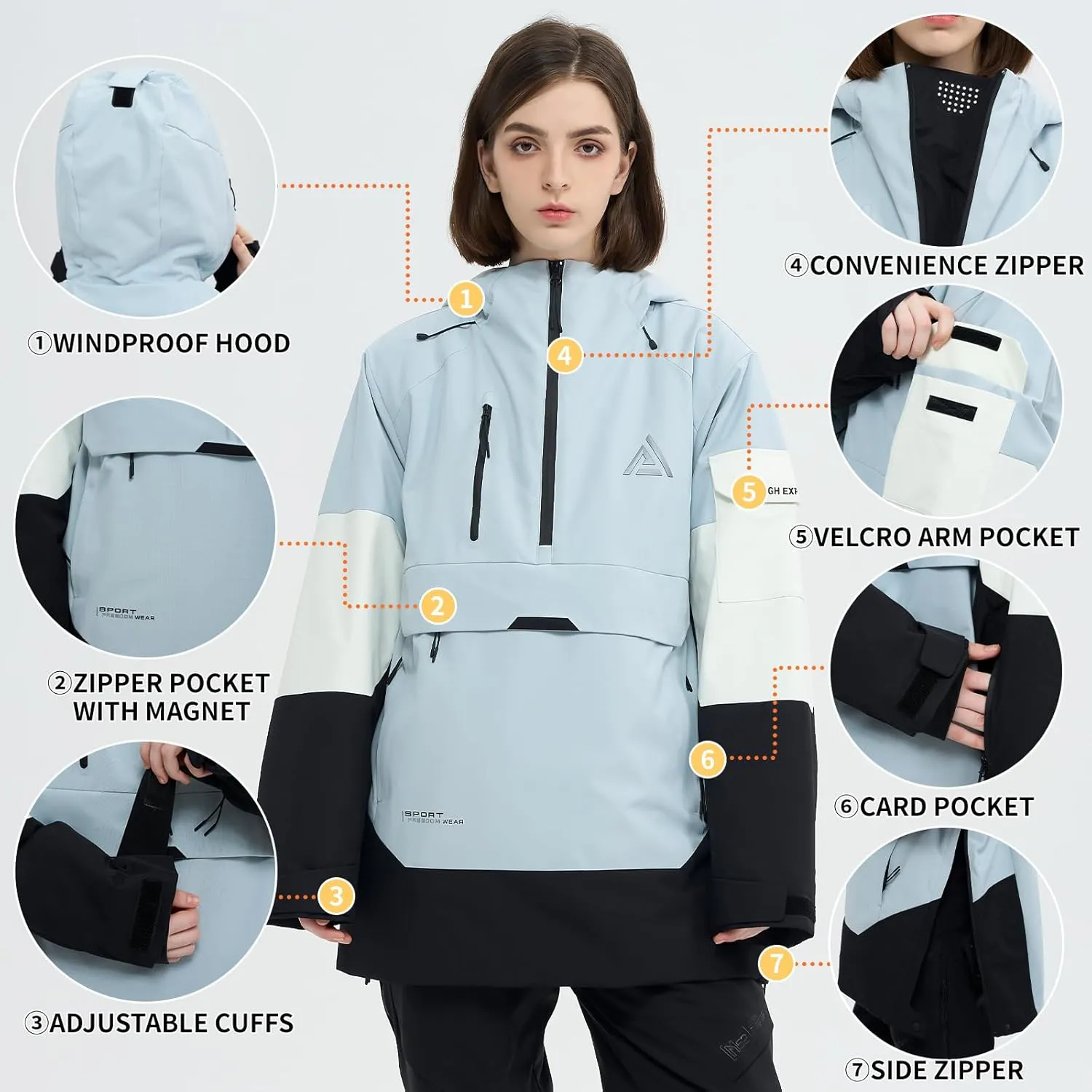 Ski Jacket Snowboard Anorak Coat Pullover Baggy Snow Hooded Insulated Hoodie Waterproof Warm for Women Men
