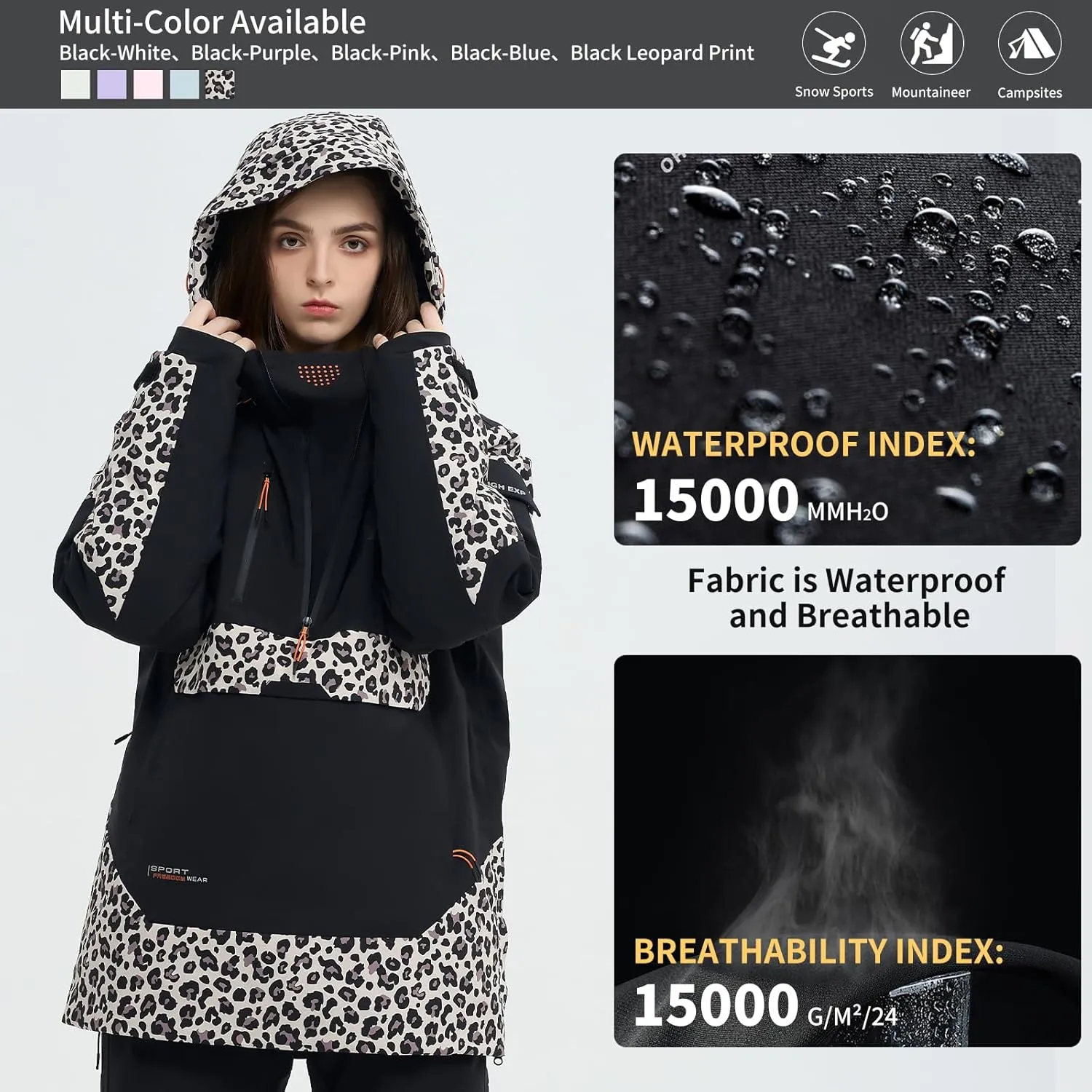 Ski Jacket Snowboard Anorak Coat Pullover Baggy Snow Hooded Insulated Hoodie Waterproof Warm for Women Men