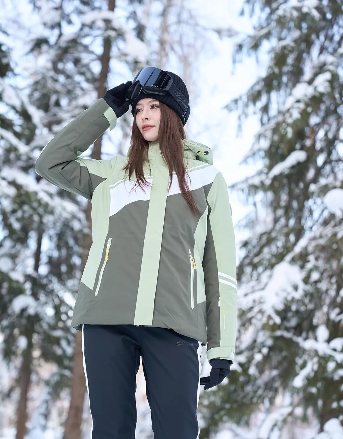 Ski Jacket Women Snowboard Coat Fitted Slim Fit Snow Short Windproof Waterproof Insulated Warm Removable Hood