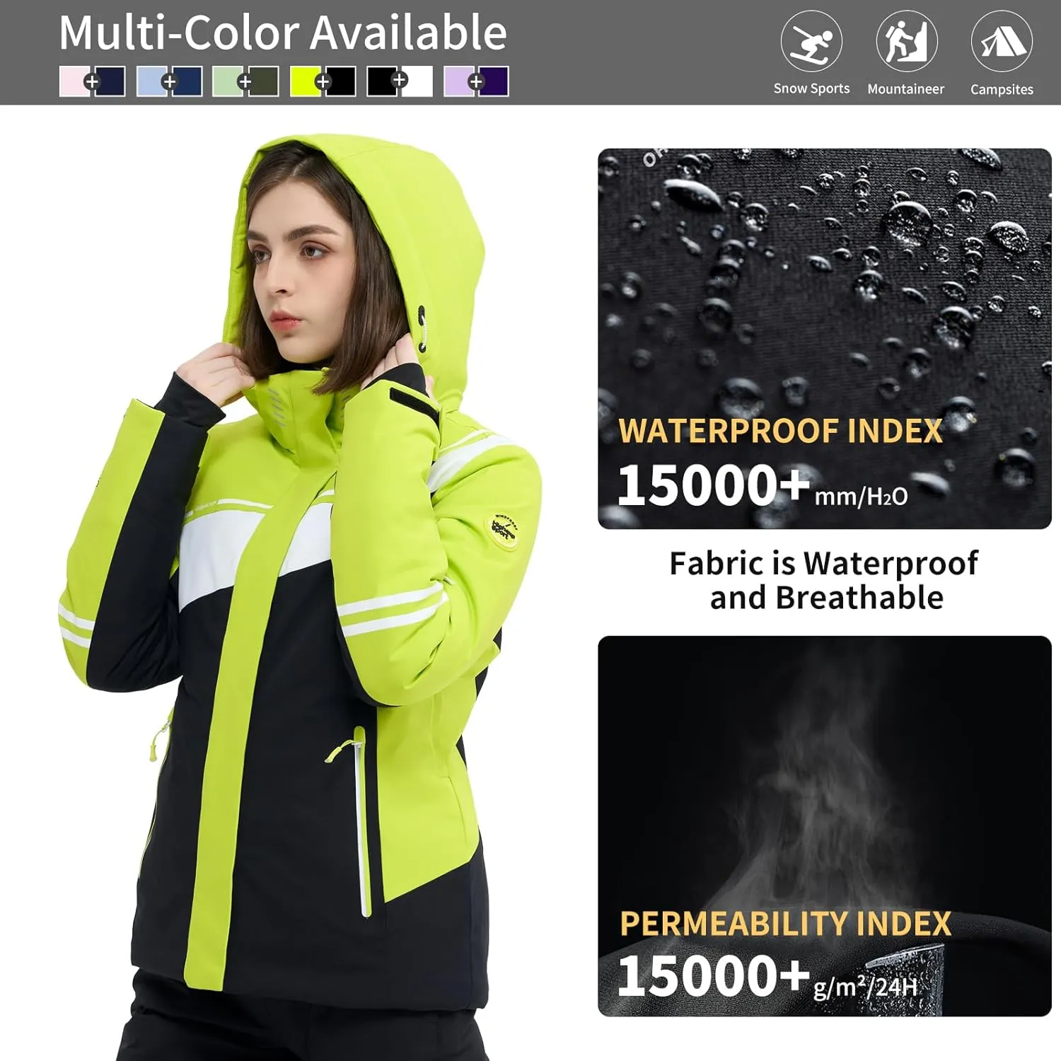 Ski Jacket Women Snowboard Coat Fitted Slim Fit Snow Short Windproof Waterproof Insulated Warm Removable Hood