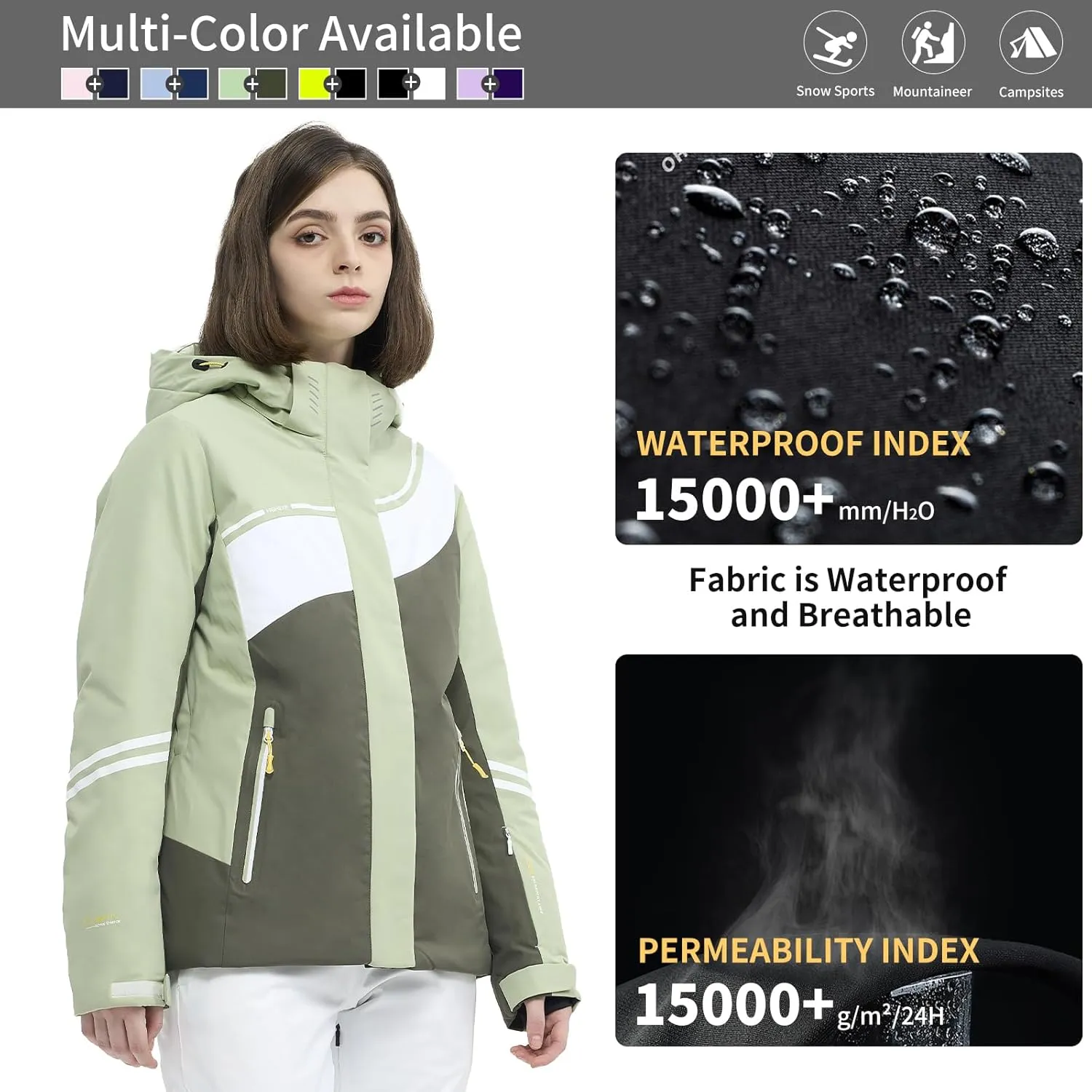 Ski Jacket Women Snowboard Coat Fitted Slim Fit Snow Short Windproof Waterproof Insulated Warm Removable Hood