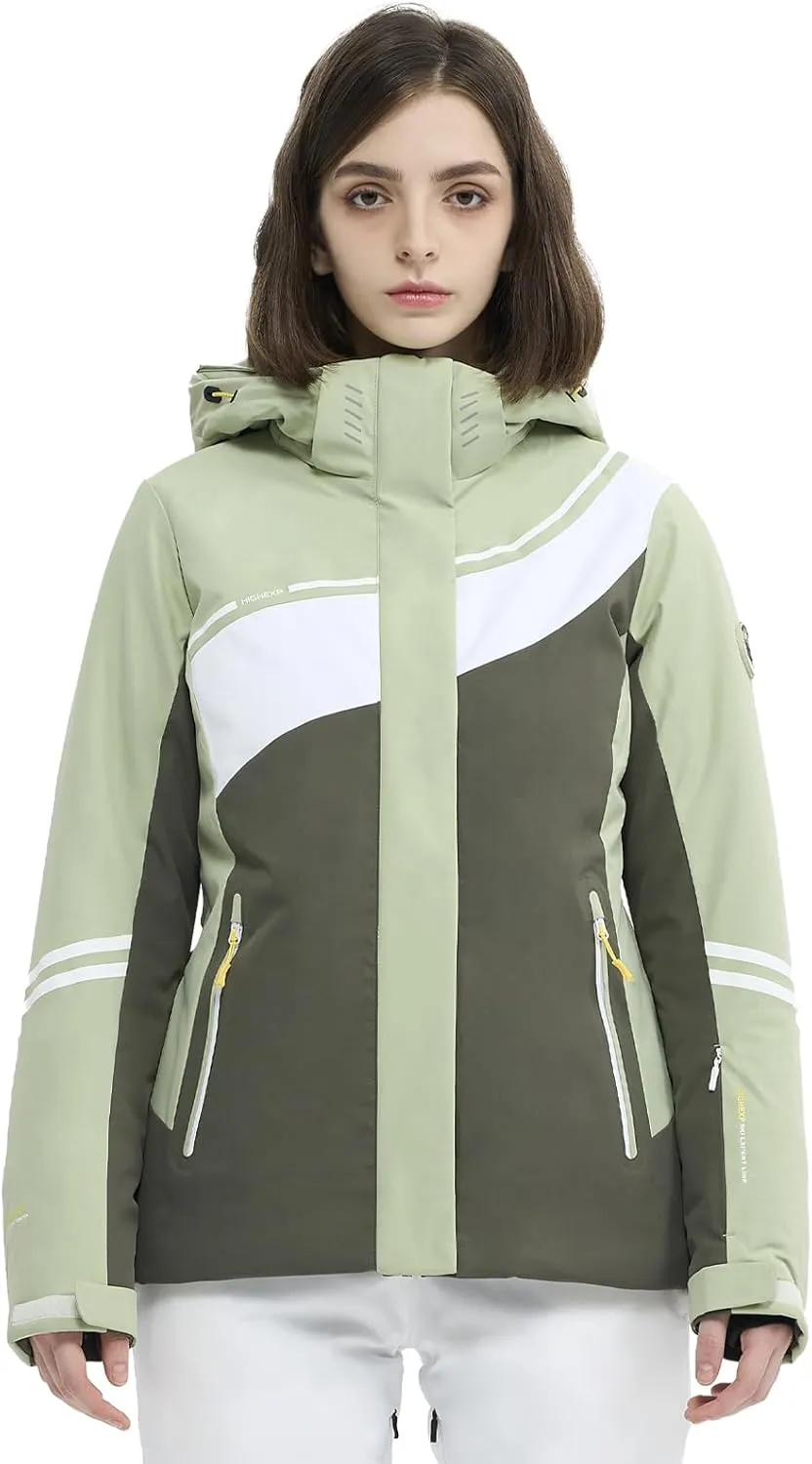Ski Jacket Women Snowboard Coat Fitted Slim Fit Snow Short Windproof Waterproof Insulated Warm Removable Hood