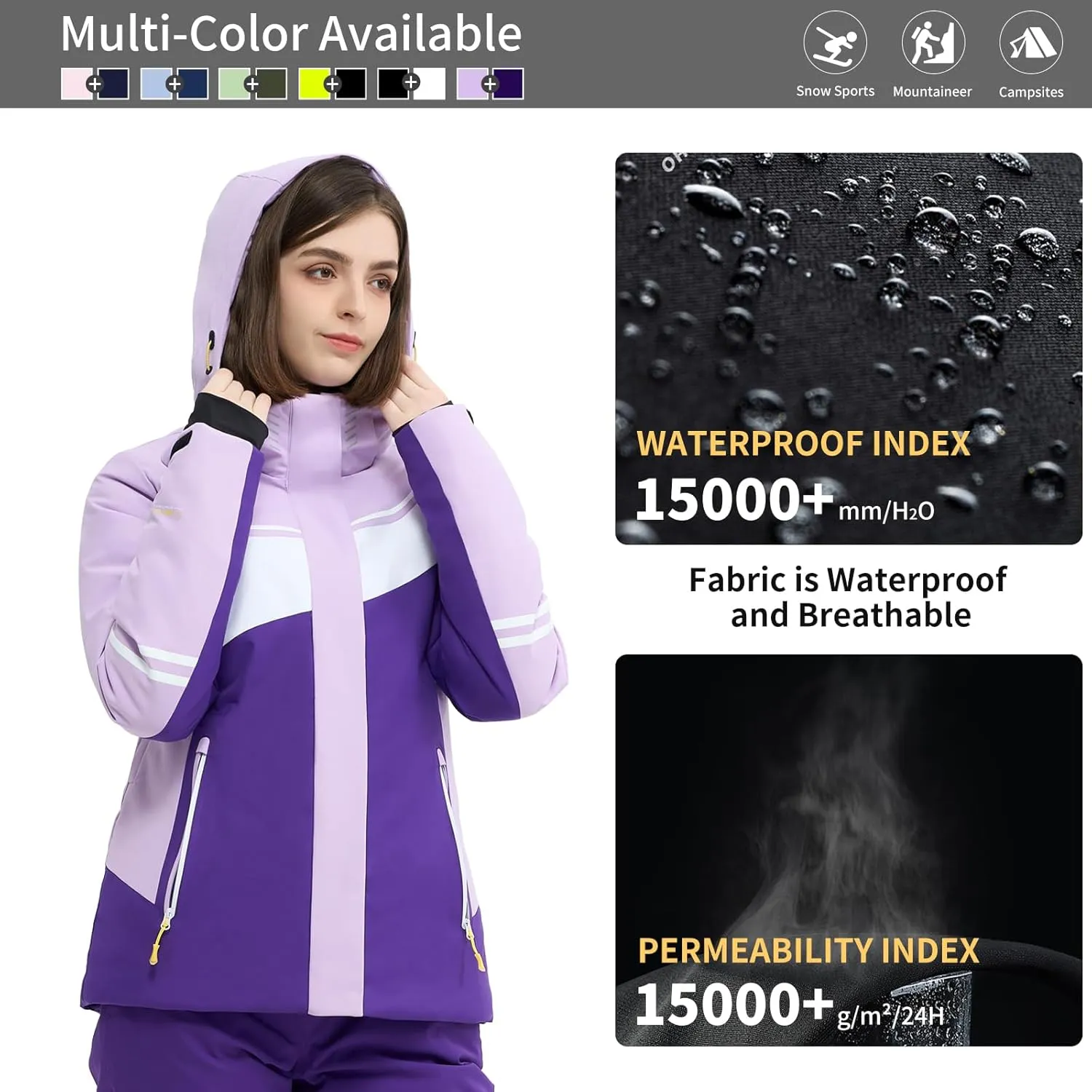Ski Jacket Women Snowboard Coat Fitted Slim Fit Snow Short Windproof Waterproof Insulated Warm Removable Hood