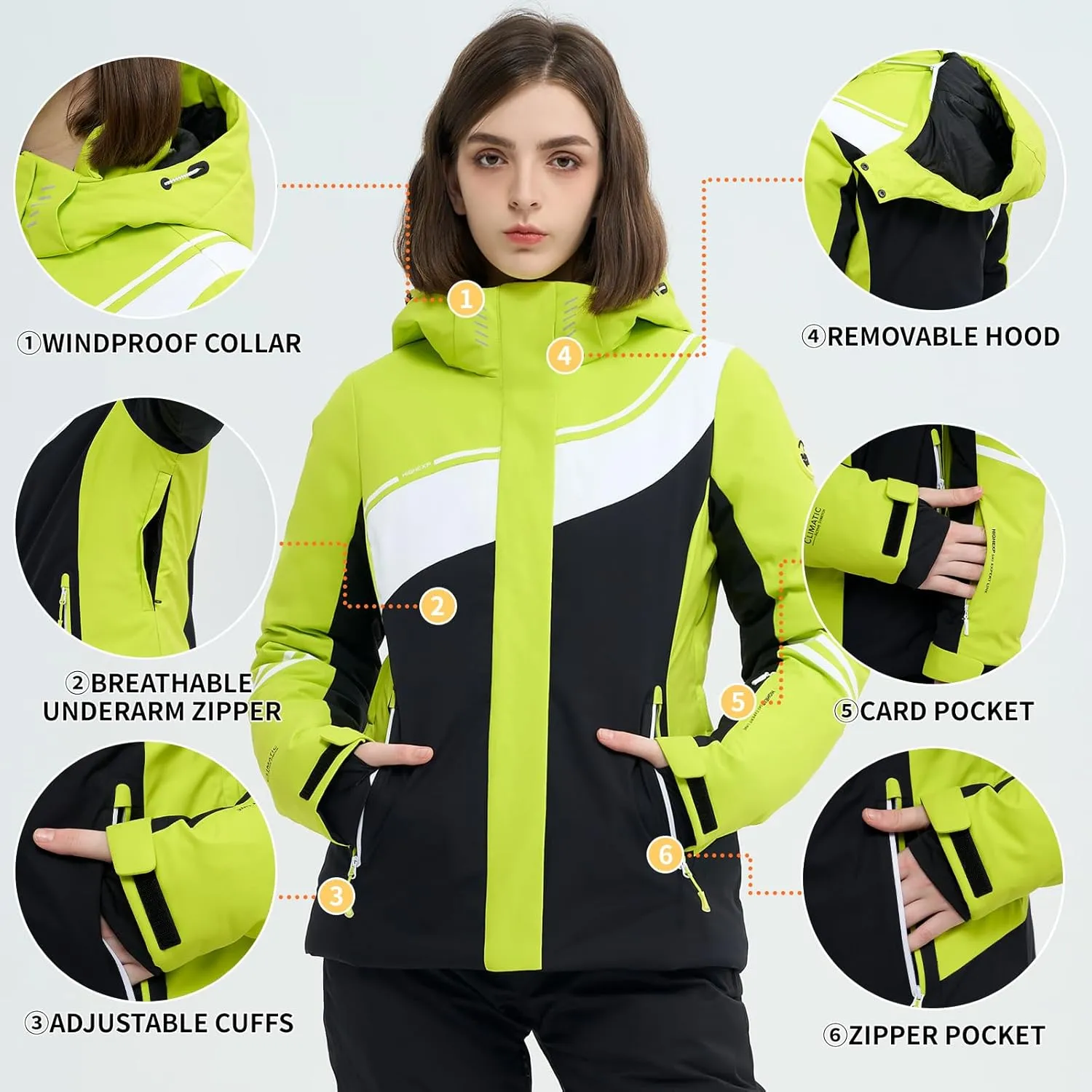 Ski Jacket Women Snowboard Coat Fitted Slim Fit Snow Short Windproof Waterproof Insulated Warm Removable Hood
