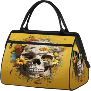 Skull Flower Newspaper Chamomile Travel Duffle Bag, Waterproof Duffel Bag Weekender Overnight Carry On Bag Lightweight Sport Gym Bag for Men Women