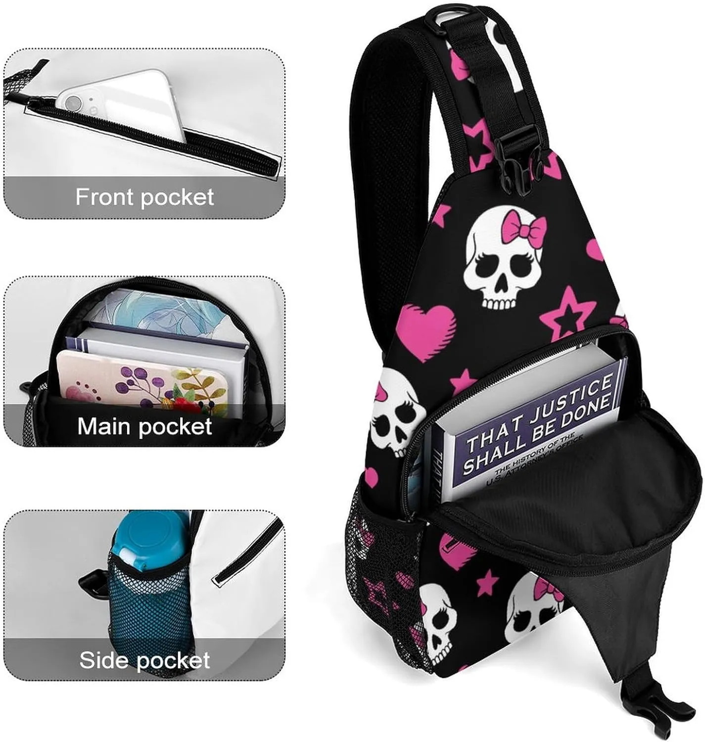 Skull Heart Sling Backpack Men Womans Crossbody Backpack Chest Bag Cycling Daypack Travel Bag Casual Daypacks Sports Backpacks