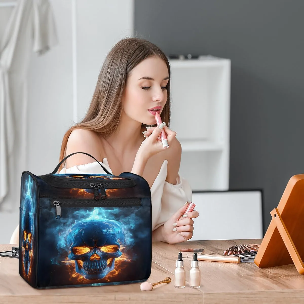 Skull Skeleton Travel Toiletry Bag for Women Large Capacity Wide-open Makeup Organizer Cosmetic Travel Bags for Toiletries