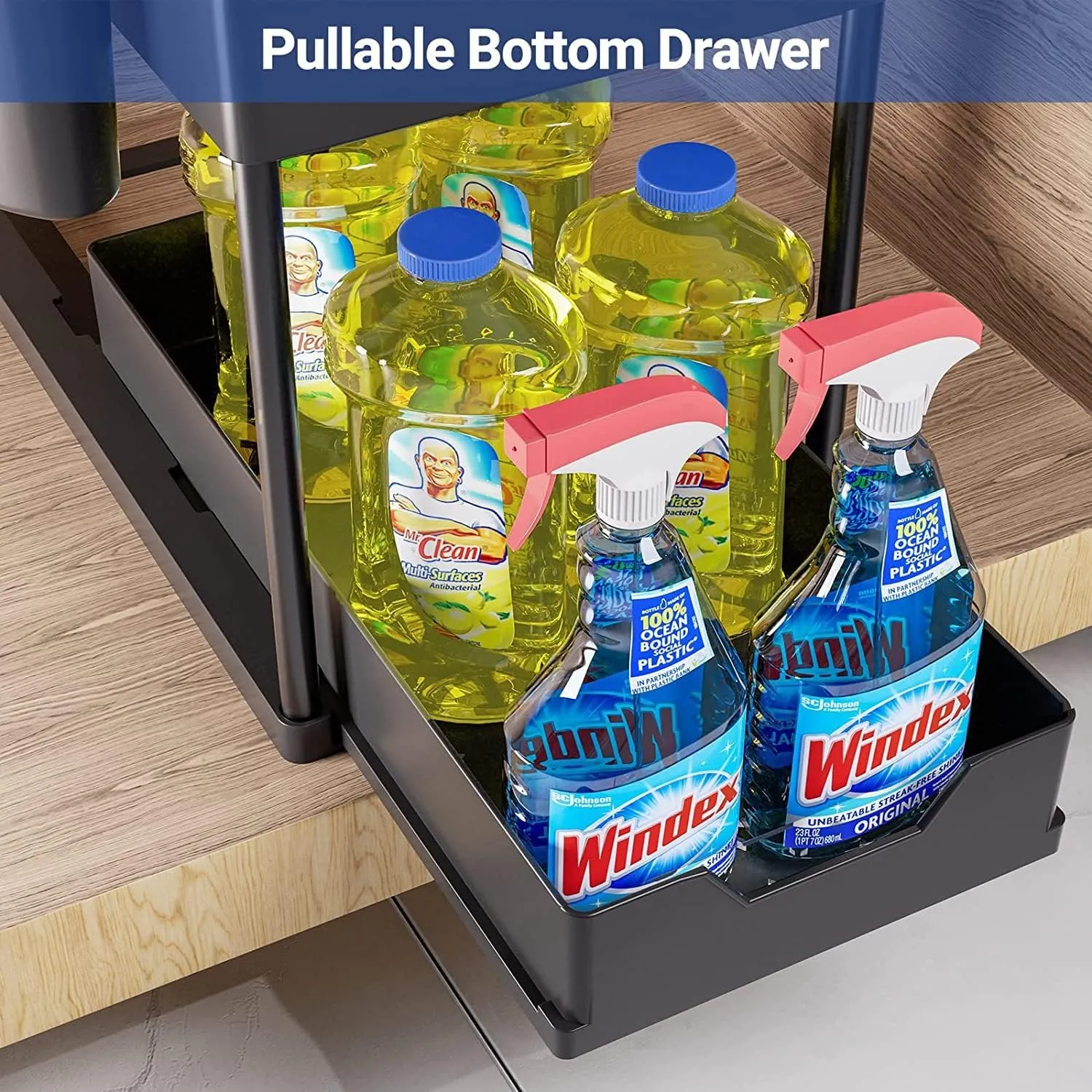 SKY-TOUCH 1pcs Under Sink Shelf Storage Organiser with Sliding Pull Out Drawer,Double Sliding Under Bathroom Cabinet Organization, Kitchen Storage with Hooks,15.6 * 8.6 * 13.2cm,Black