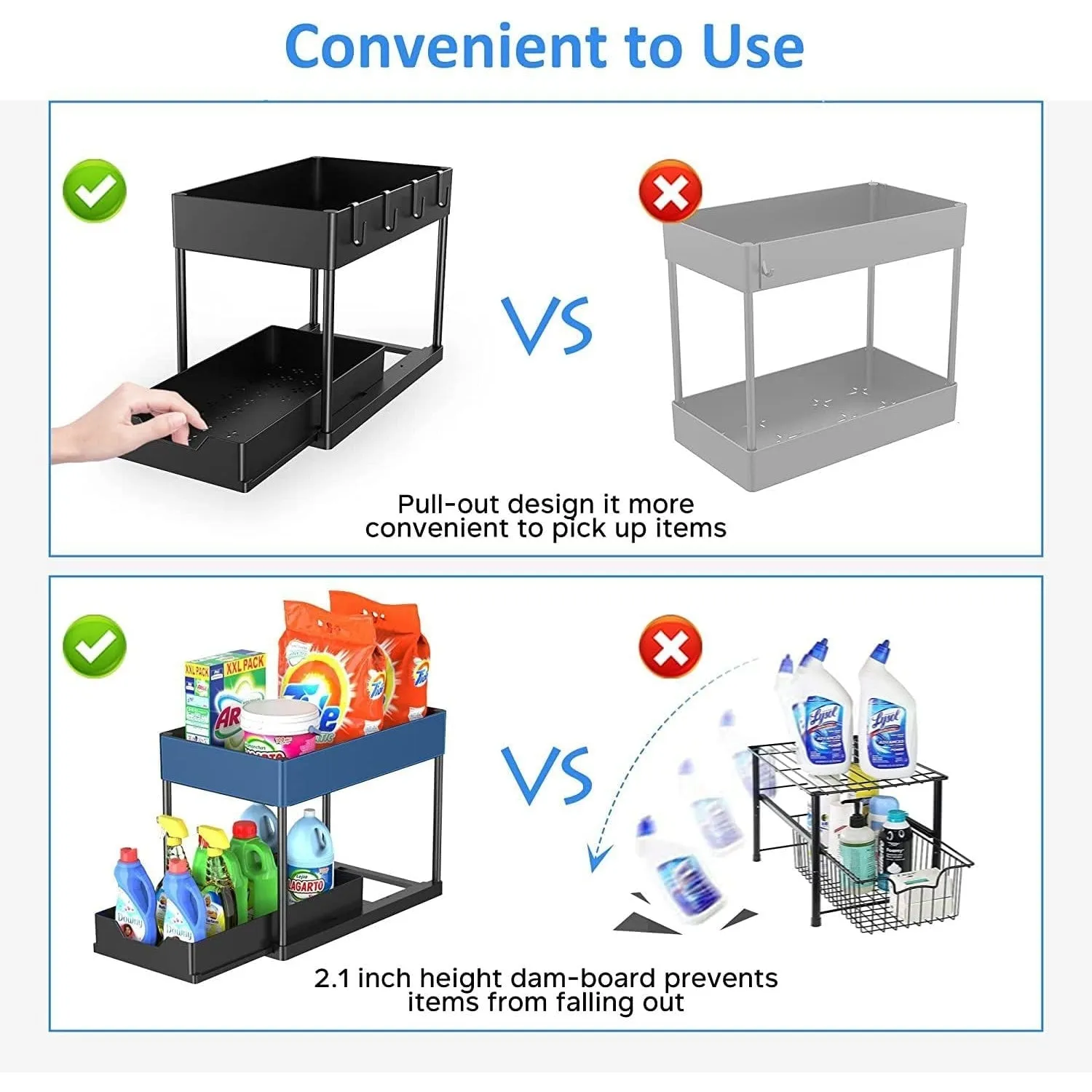 SKY-TOUCH 1pcs Under Sink Shelf Storage Organiser with Sliding Pull Out Drawer,Double Sliding Under Bathroom Cabinet Organization, Kitchen Storage with Hooks,15.6 * 8.6 * 13.2cm,Black