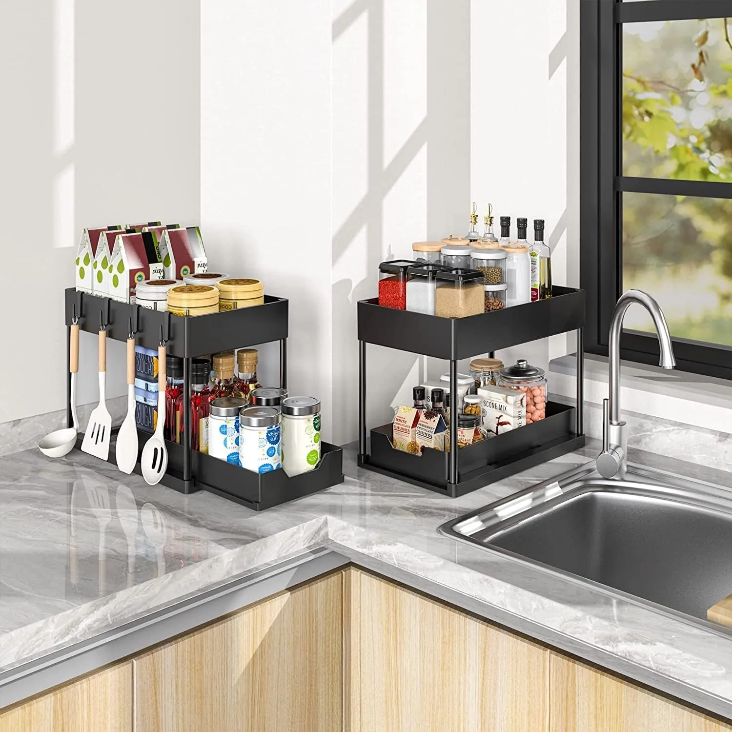SKY-TOUCH 1pcs Under Sink Shelf Storage Organiser with Sliding Pull Out Drawer,Double Sliding Under Bathroom Cabinet Organization, Kitchen Storage with Hooks,15.6 * 8.6 * 13.2cm,Black