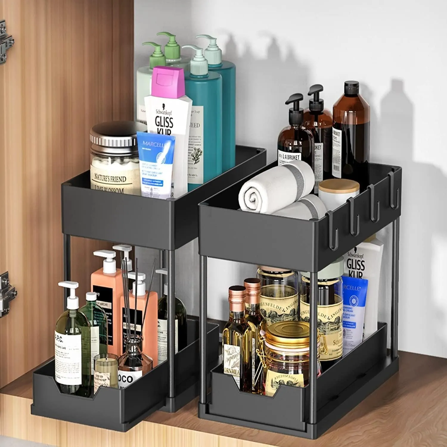SKY-TOUCH 1pcs Under Sink Shelf Storage Organiser with Sliding Pull Out Drawer,Double Sliding Under Bathroom Cabinet Organization, Kitchen Storage with Hooks,15.6 * 8.6 * 13.2cm,Black