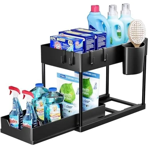 SKY-TOUCH 1pcs Under Sink Shelf Storage Organiser with Sliding Pull Out Drawer,Double Sliding Under Bathroom Cabinet Organization, Kitchen Storage with Hooks,15.6 * 8.6 * 13.2cm,Black
