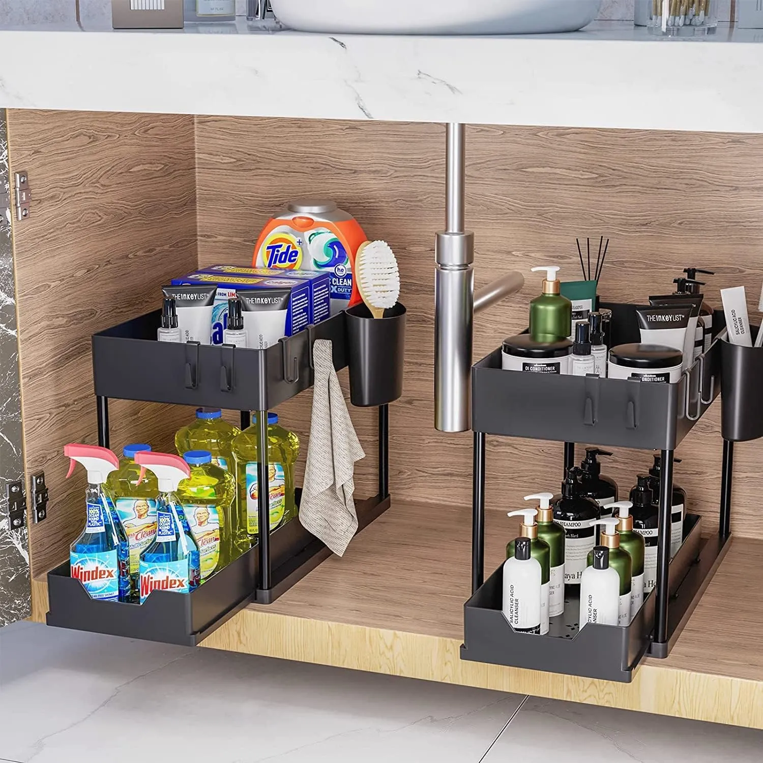 SKY-TOUCH 1pcs Under Sink Shelf Storage Organiser with Sliding Pull Out Drawer,Double Sliding Under Bathroom Cabinet Organization, Kitchen Storage with Hooks,15.6 * 8.6 * 13.2cm,Black