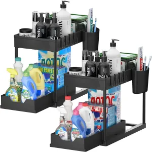 SKY-TOUCH 1pcs Under Sink Shelf Storage Organiser with Sliding Pull Out Drawer,Double Sliding Under Bathroom Cabinet Organization, Kitchen Storage with Hooks,15.6 * 8.6 * 13.2cm,Black