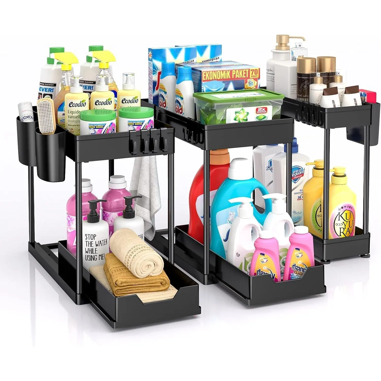 SKY-TOUCH 1pcs Under Sink Shelf Storage Organiser with Sliding Pull Out Drawer,Double Sliding Under Bathroom Cabinet Organization, Kitchen Storage with Hooks,15.6 * 8.6 * 13.2cm,Black