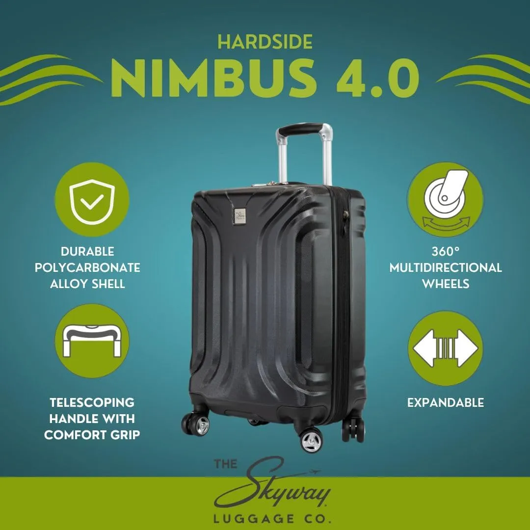 Skyway Nimbus 4.0 Expandable, Durable Hardside, 8 Wheel Spinner, Lightweight Suitcase, Unisex, Stylish, Black, Carry-On 20-Inch