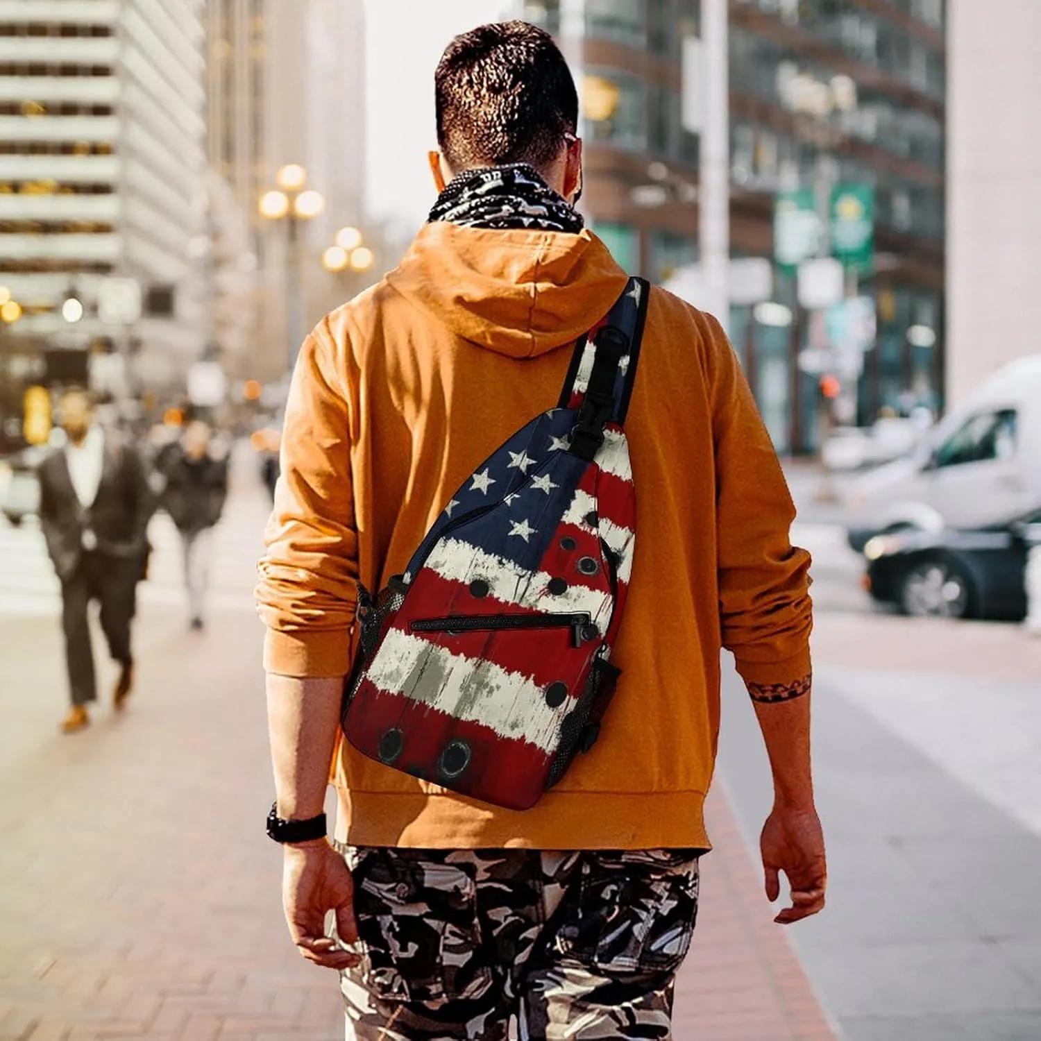 Sling Shoulder Backpack for Men Women Anti-Theft Multipurpose Travel Backpack Camping Outdoor Bag, American Usa Flag War Bullet Hole Crossbody Daypacks Shoulder Packs