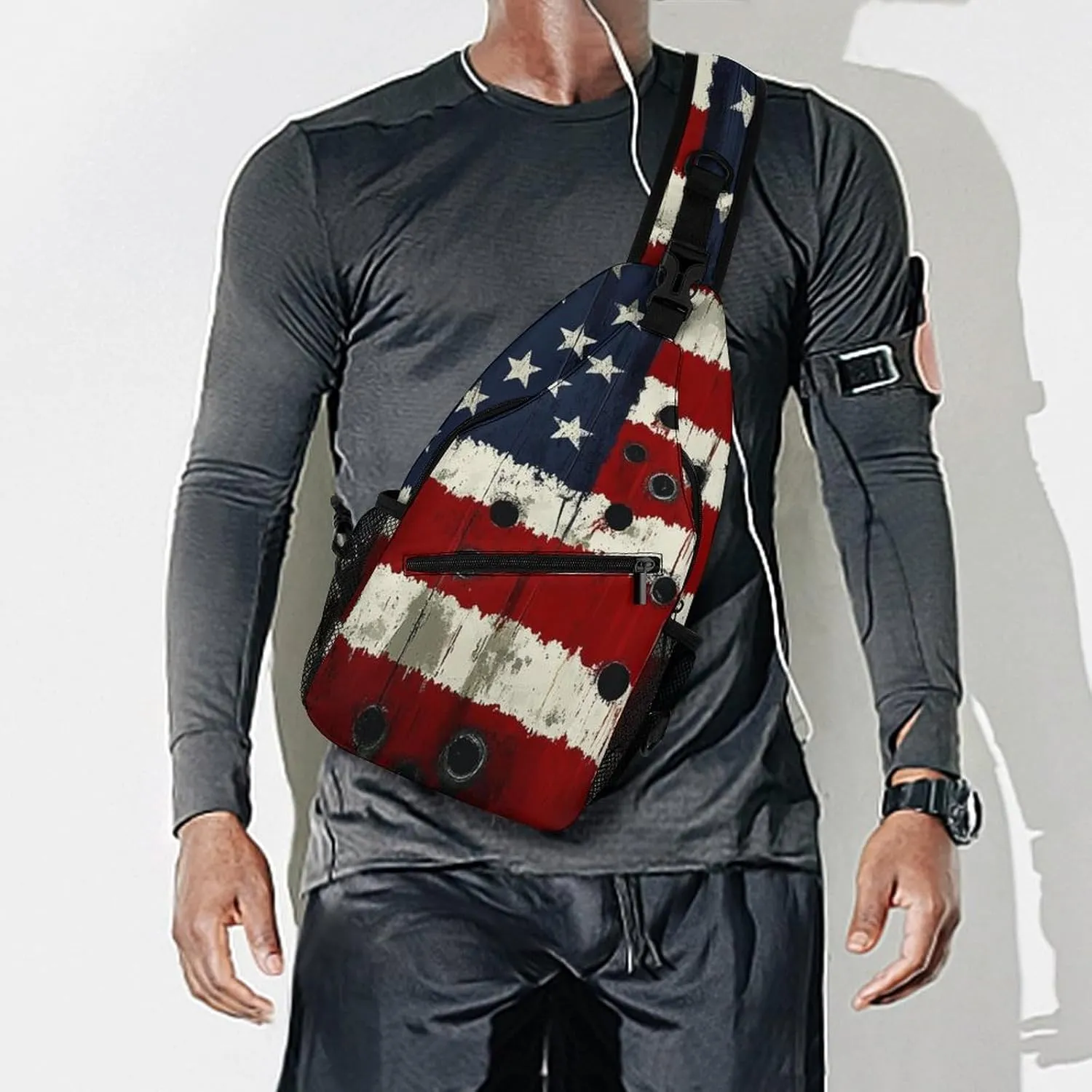 Sling Shoulder Backpack for Men Women Anti-Theft Multipurpose Travel Backpack Camping Outdoor Bag, American Usa Flag War Bullet Hole Crossbody Daypacks Shoulder Packs