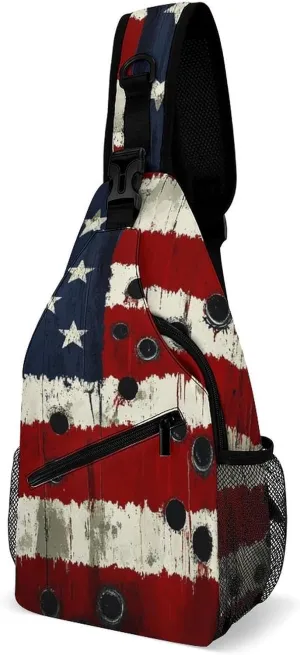 Sling Shoulder Backpack for Men Women Anti-Theft Multipurpose Travel Backpack Camping Outdoor Bag, American Usa Flag War Bullet Hole Crossbody Daypacks Shoulder Packs